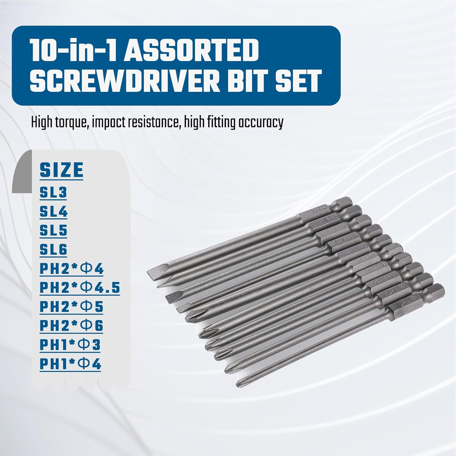 VESTTIO Long Screwdriver Bit Set Slotted SL3 SL4 SL5 SL6 Phillips PH1 PH2 10PCS 1/4 Inch Hex Shank 4 Inch/100 Mm Length S2 Steel with Magnetic for Power Screwdriver Drill Impact Driver image number 3