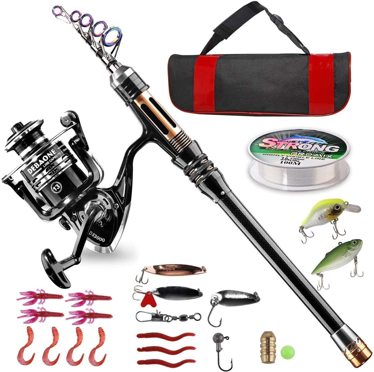 HOTOIQ Fishing Rod Kit, Telescopic Fishing Pole and Reel Combo Full Kit with Line Lures Hooks Carrier Bag for Travel Saltwater Freshwater Boat Fishing Beginners
