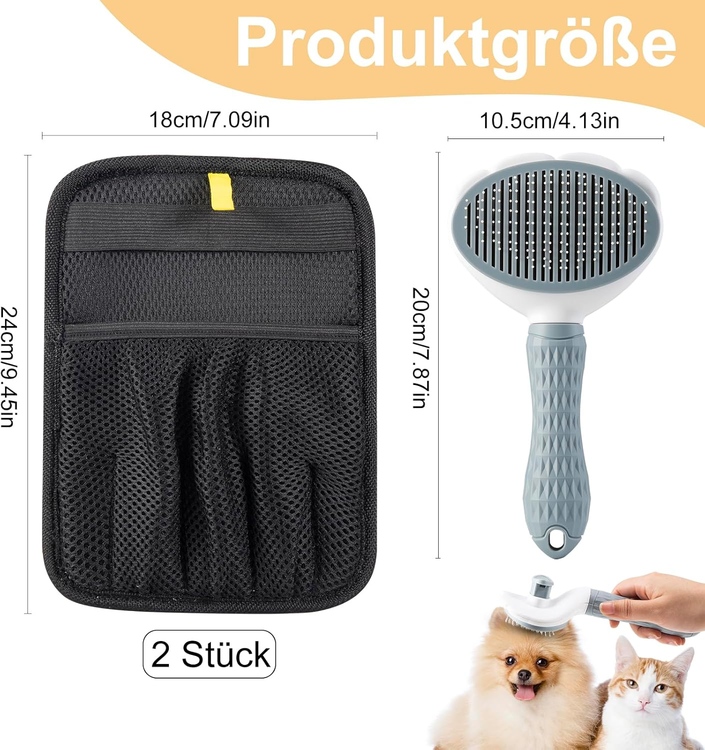 Pack of 2 Pet Hair Remover Gloves & Cat Brush Dog Brush with One-Click Cleaning, Double-Sided Fur Glove for Dogs and Cats, with Anti-Static, Undercoat Brush for Long Hair, Short Hair image number 3