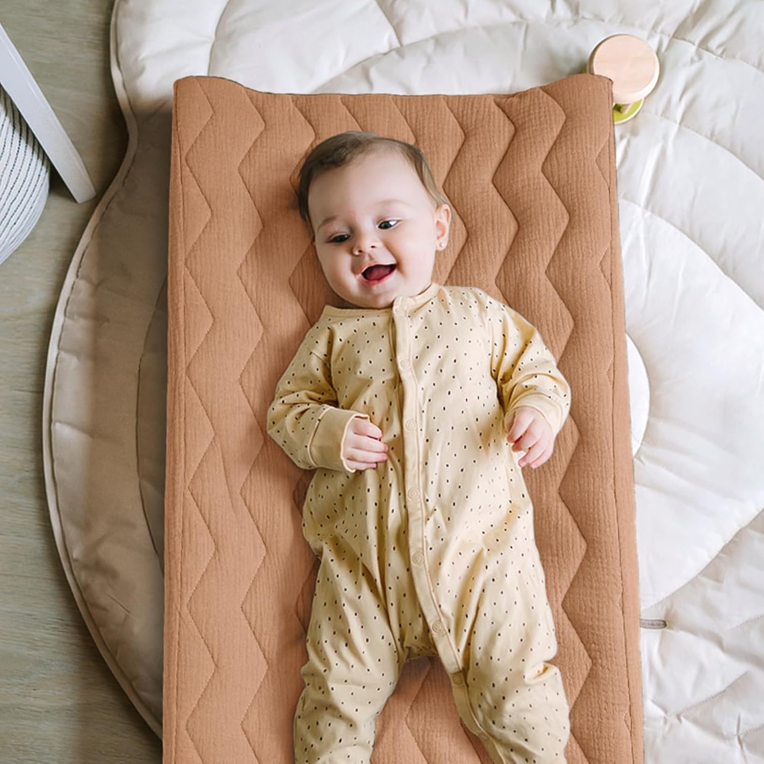 Lulumoon Muslin Changing Pad Cover: Baby Cotton Quilted Changing Table Cover - Soft Changing Pad Sheets for Boys Girls - Beige  Caramel image number 3