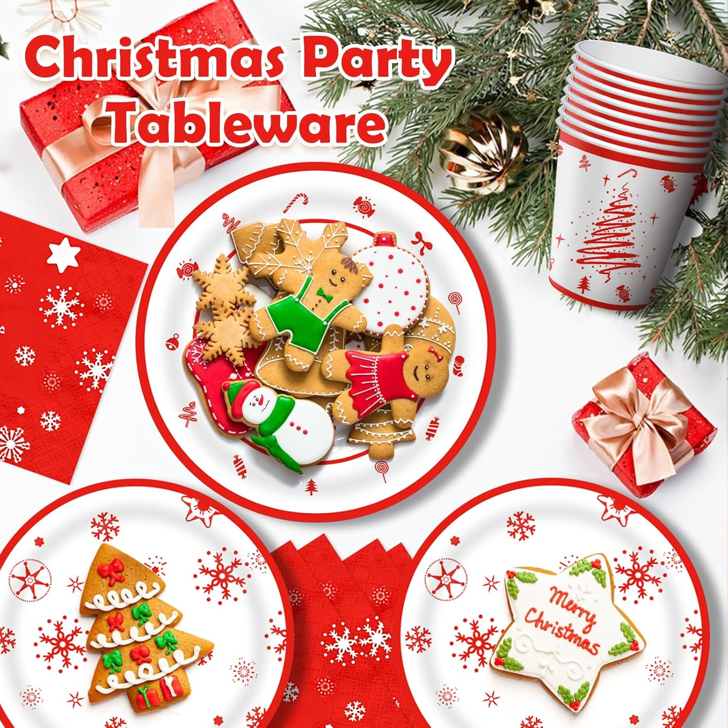 64 Pcs Christmas Tableware Christmas Party Decorations Winter Holiday Plates and Napkins Xmas Disposable Dinnerware Tableware Set for Xmas Party Supplies Serve 16 image number 4