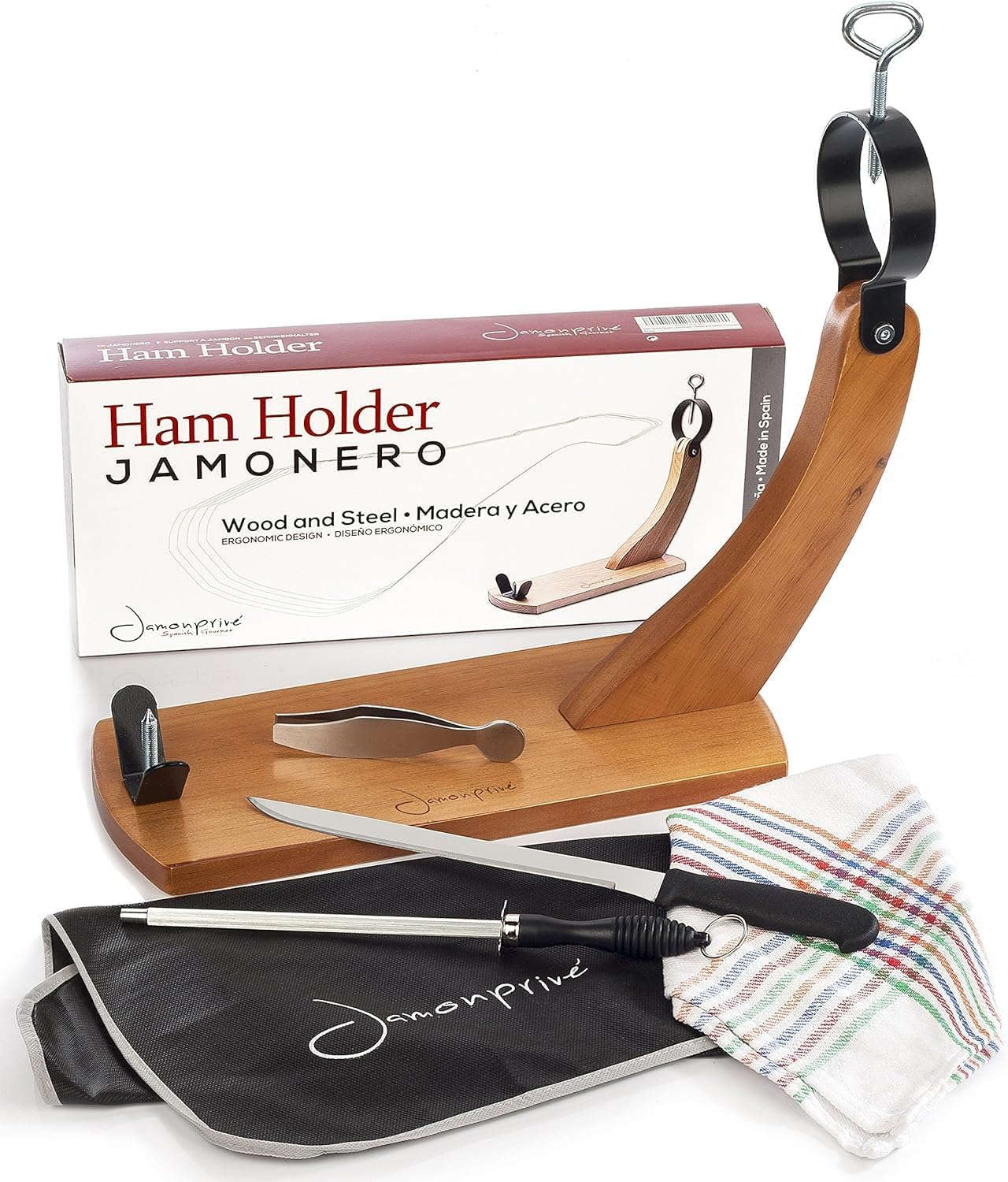 Ham Stand Spain + Knife + Sharpening Steel + Ham Cover + Kitchen Cloth + Tongs | the Original Ham Holder for Spanish Hams and Italian Prosciutto