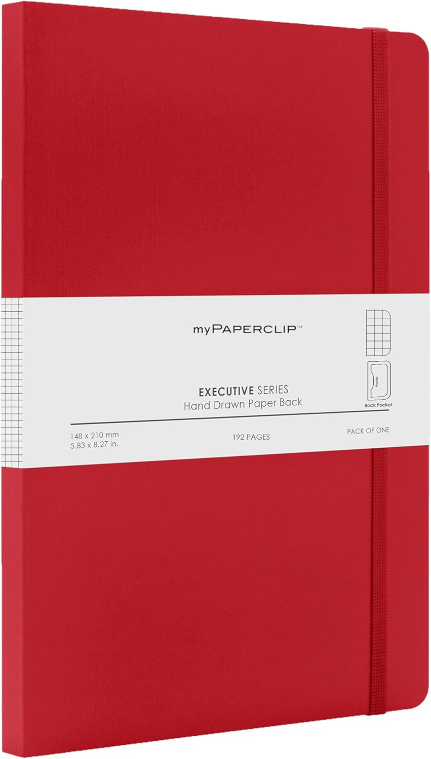 Mypaperclip Executive Series A5 Checks/Square Grid Notebook | 192 Pages, 80 GSM, Soft Cover, A5 (5.83 X 8.27 In) | Flat Lay | Bookmark, Elastic Closure & Back Pocket | Red