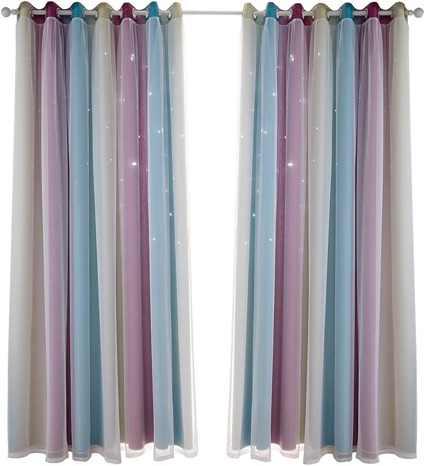 Blackout Curtains for Bedroom, 2PCS Star Curtains Blackout High Precision Curtains for Kids Girls Bedroom Living Room Colorful Double Layer Star Window Curtains Pink134Cm X 160Cm