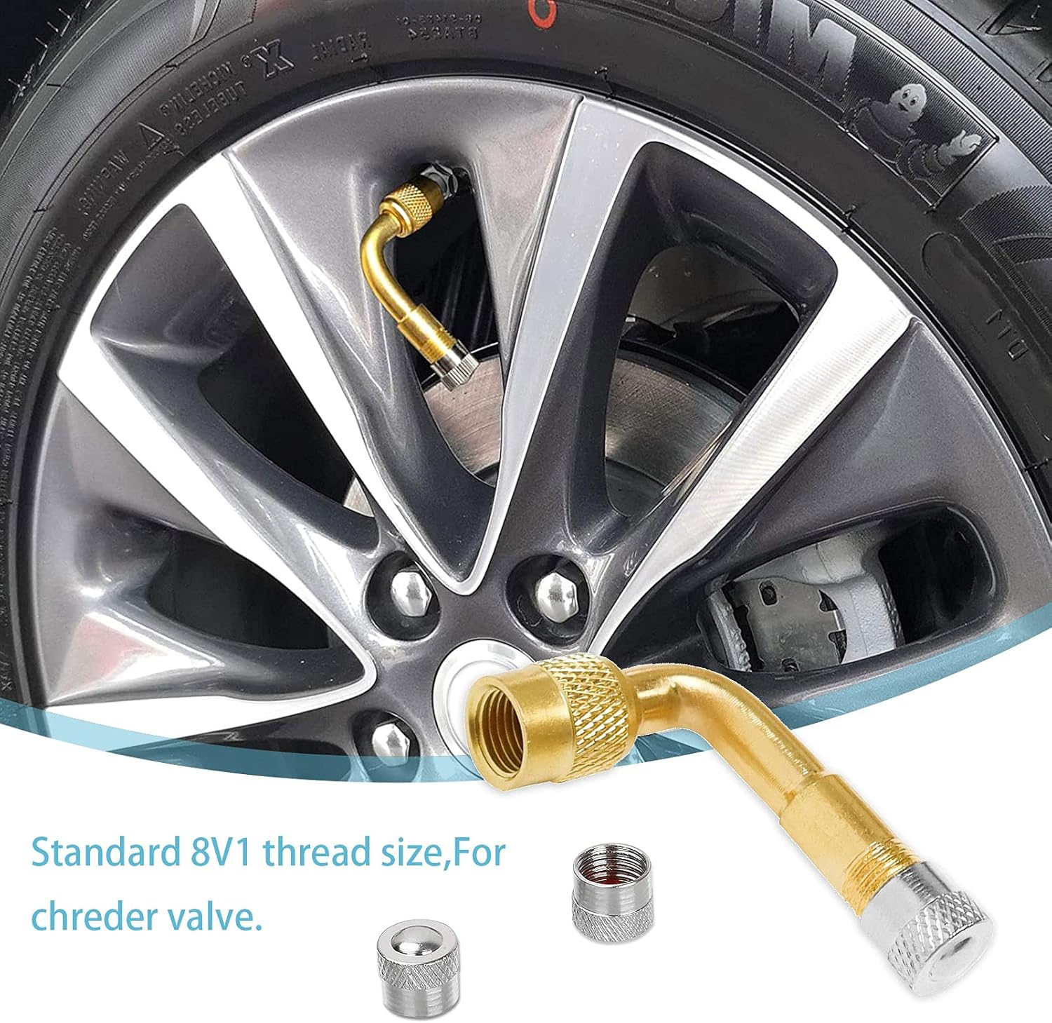 Tyre Valve Extension Adapter, 90 Degree Valve Extension and 180 Mm Flexible Rubber Tyre Valve Extension Copper Valve Adapter Angle Valve Extension for Car Motorcycle Bicycle Scooter image number 2