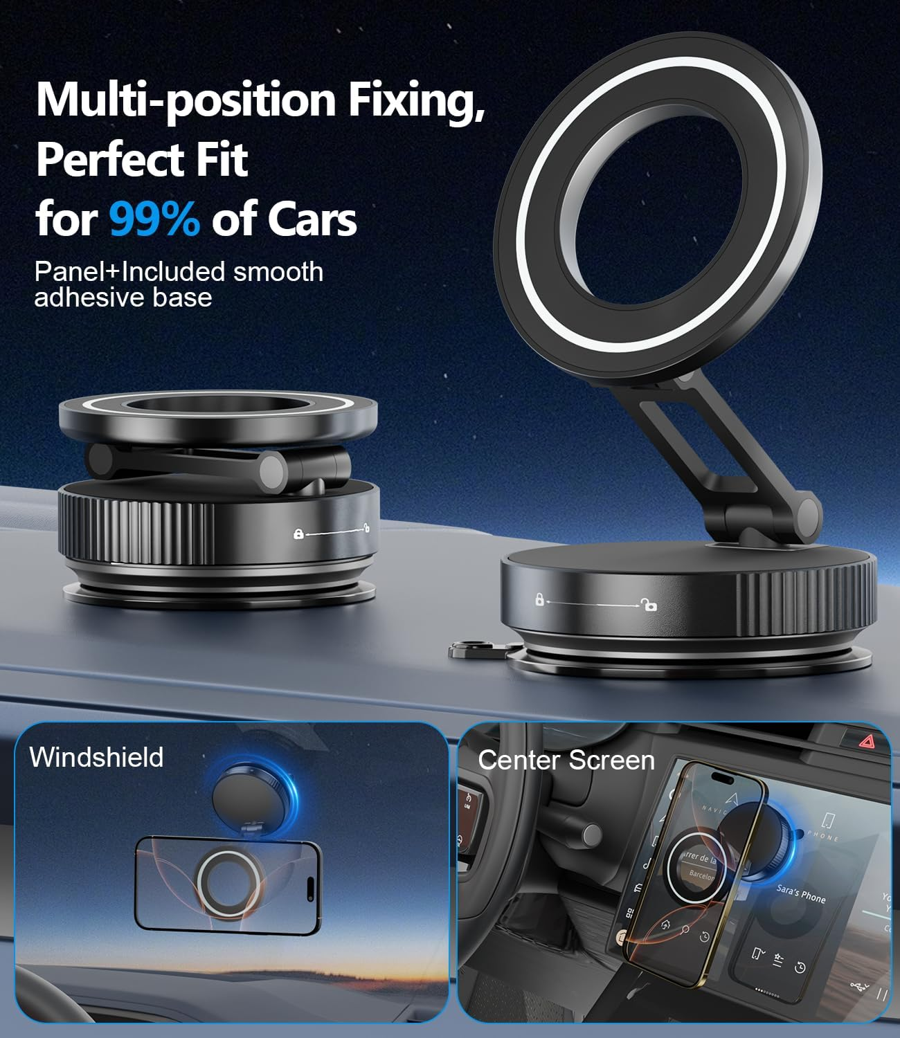 Cloudvalley Magnetic Car Phone Holder - Vacuum Suction Cup Phone Mount 360&deg; Adjustable, Durable Metal Stand for Iphone & Android, Portable Magnetic Holder for Dashboard/Windshield/Gym Mirror (Black) image number 1