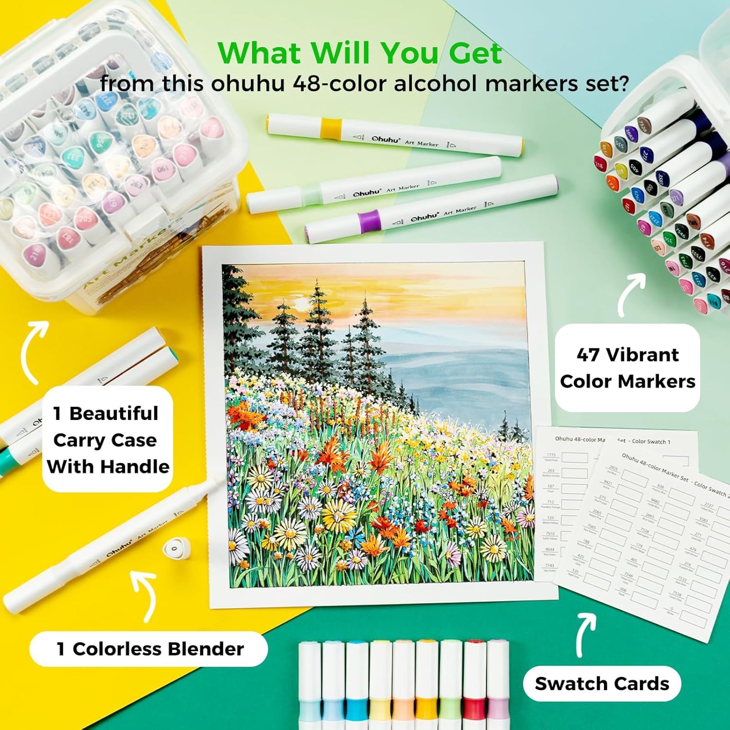 Ohuhu Markers Brush Tip: 48 Colours Double Tipped Art Marker Set for Kids Artists Adults Colouring Drawing Sketch Architectural Design - Brush Chisel Dual Tip Art Supplies with Marker Storage Box image number 2