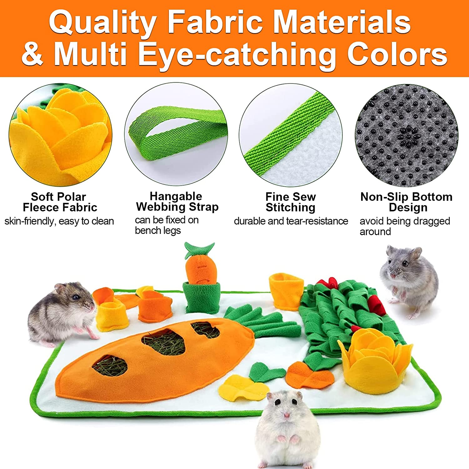 Adpartner 24" X 20" Rabbit Foraging Mat with Carrot Toy, Interactive Snuffle Feeding Pad for Boredom, Polar Fleece Pet Feed Game for Rabbits Bunny Guinea Pigs Chinchillas Ferrets image number 3
