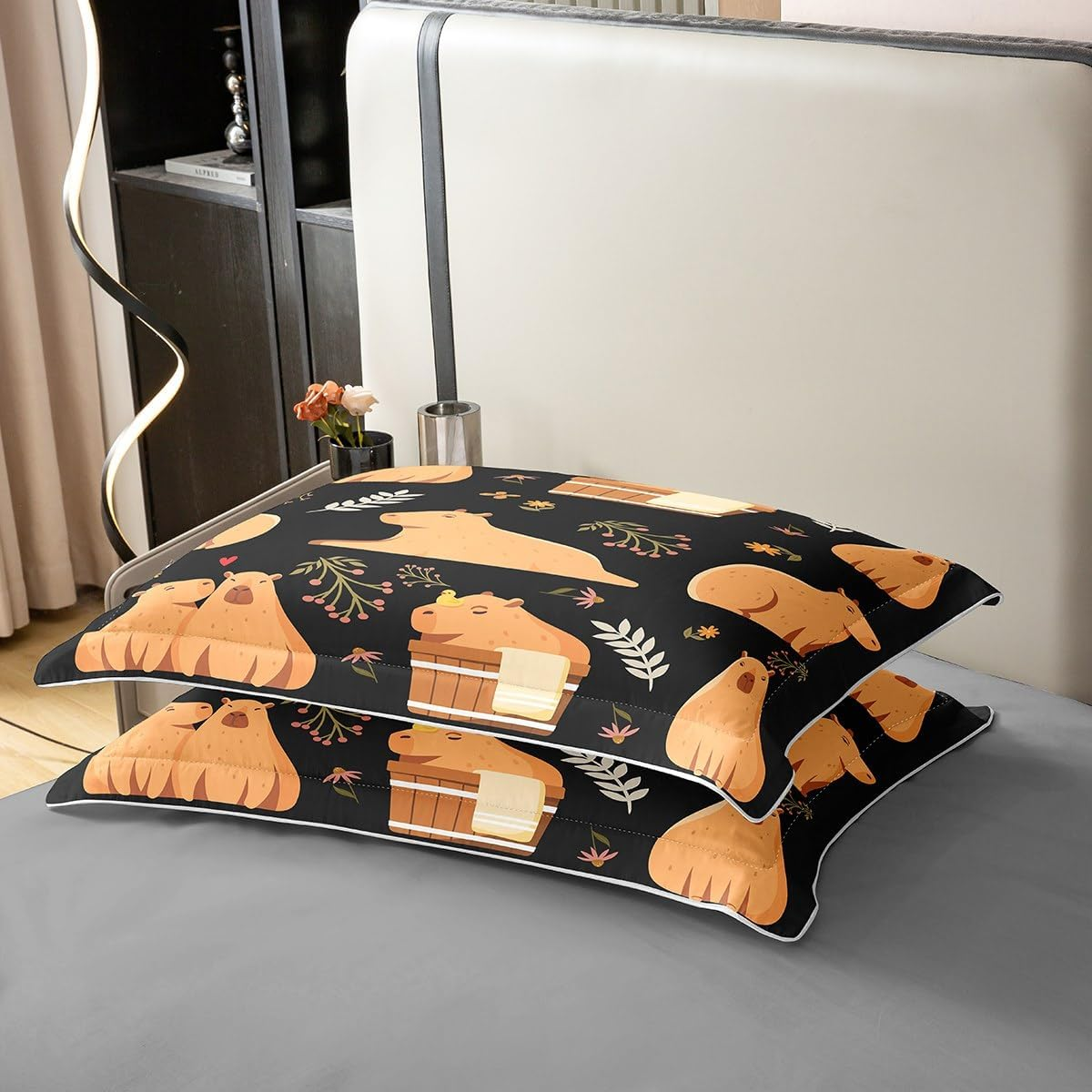 100% Cotton Capybara Bed Linen Set, 200 X 200 Cm, Capybara Lovers Duvet Cover, Cartoon Capybara Cup Animals Lovers, Comfort Cover, Botanical Flowers, Comfort Quilt Cover with 2 Pillowcases, Black image number 6