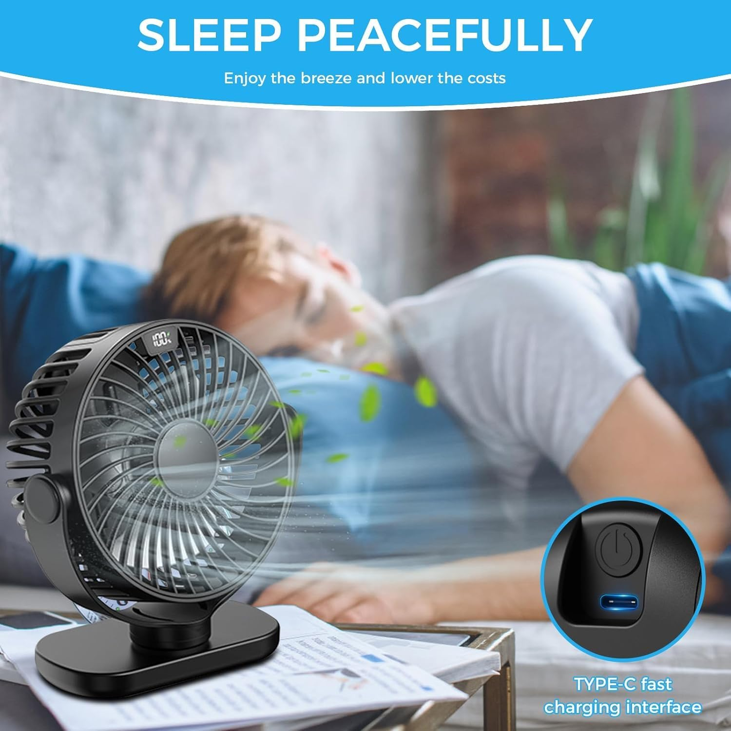 【Up to 18H】Rechargeable Desk Fan with LED Display &ndash; Portable 5000Mah USB Quiet Table Fan, 4-Speed 720&deg; Adjustable Cooling Fan for Home, Office, Bedroom, Travel, Outdoor image number 5
