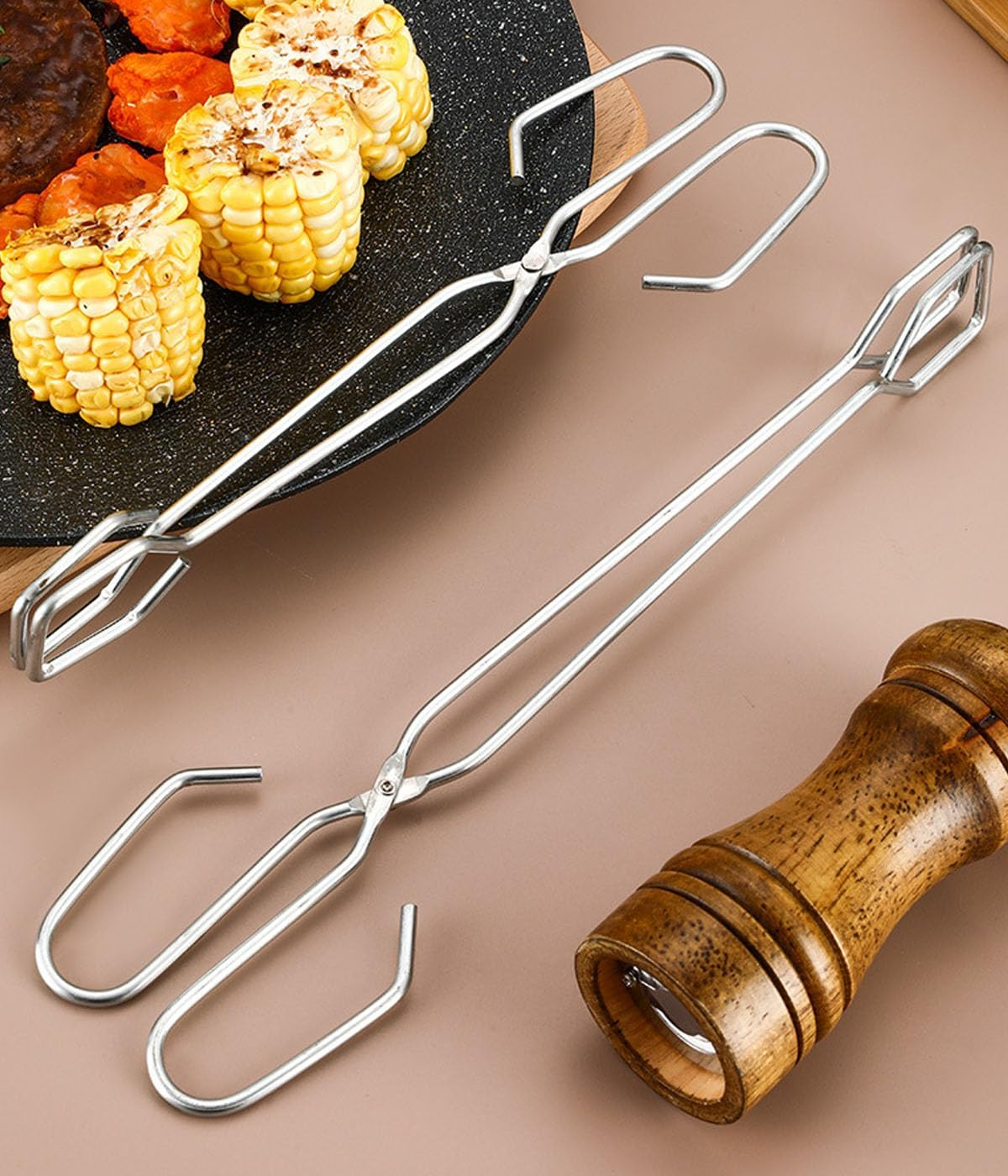 Scissor Cooking Tongs 2 PCS, Stainless Steel Kitchen Food Tongs for Cooking, Metal Barbecue Bread Buffet Pliers, Heat Resistant for BBQ and Cooking