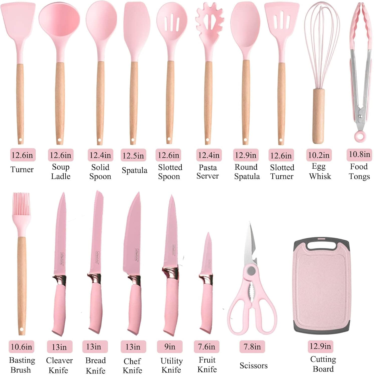 Kitchen Knife Set with Block, Retrosohoo Pink 19PC Silicone Kitchen Utensil Set and Stainless Steel Knife Set, Non-Stick Sharp Chef Knife and Cooking Utensils Set for Women Family (Pink) image number 5