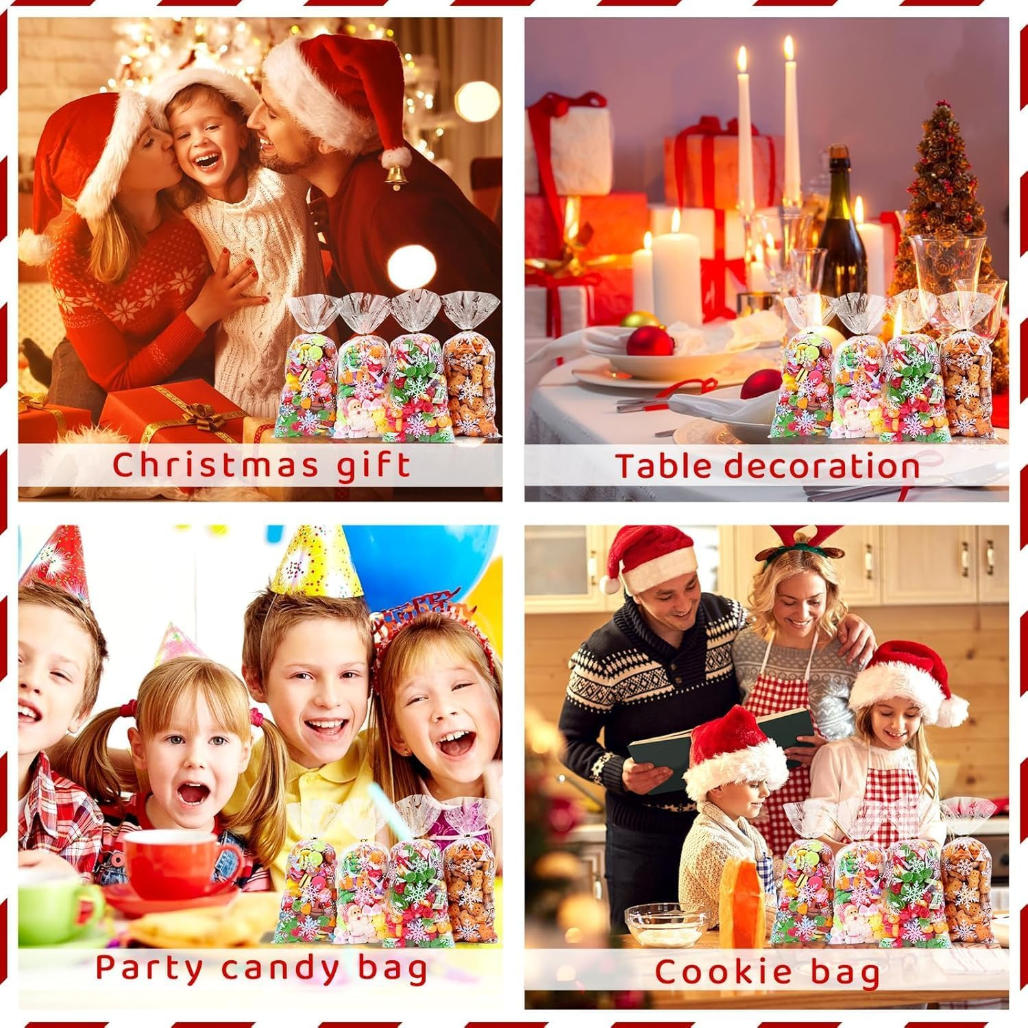 100 Pieces Christmas Treat Candy Bags, Christmas Cellophane Bag with Twist Ties Candy Cookie Bags for Party Supplies, Christmas Holiday Party Goody Supplies (White) image number 5