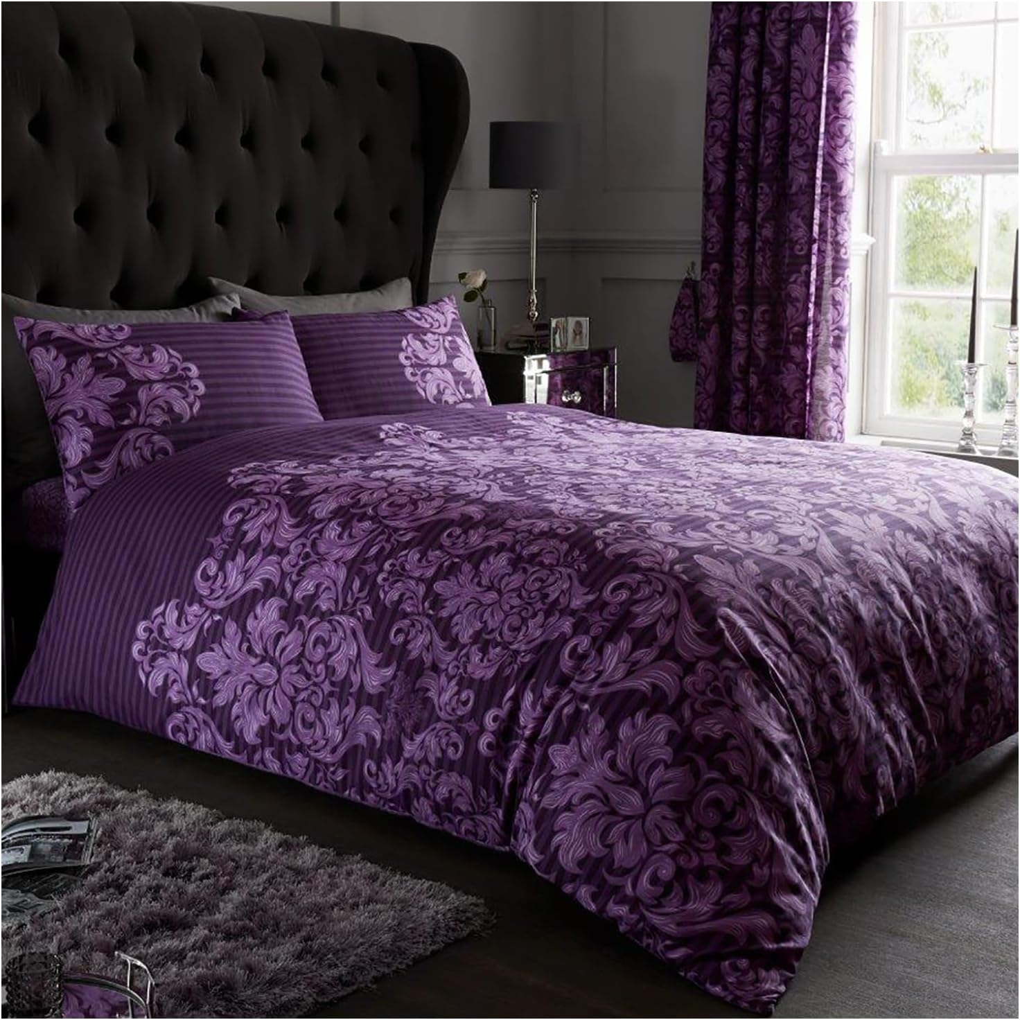 GC GAVENO CAVAILIA Damask Bedding Double Bed Set - Flower Duvet Cover - Comforter Covers with Pillow Cases - Purple
