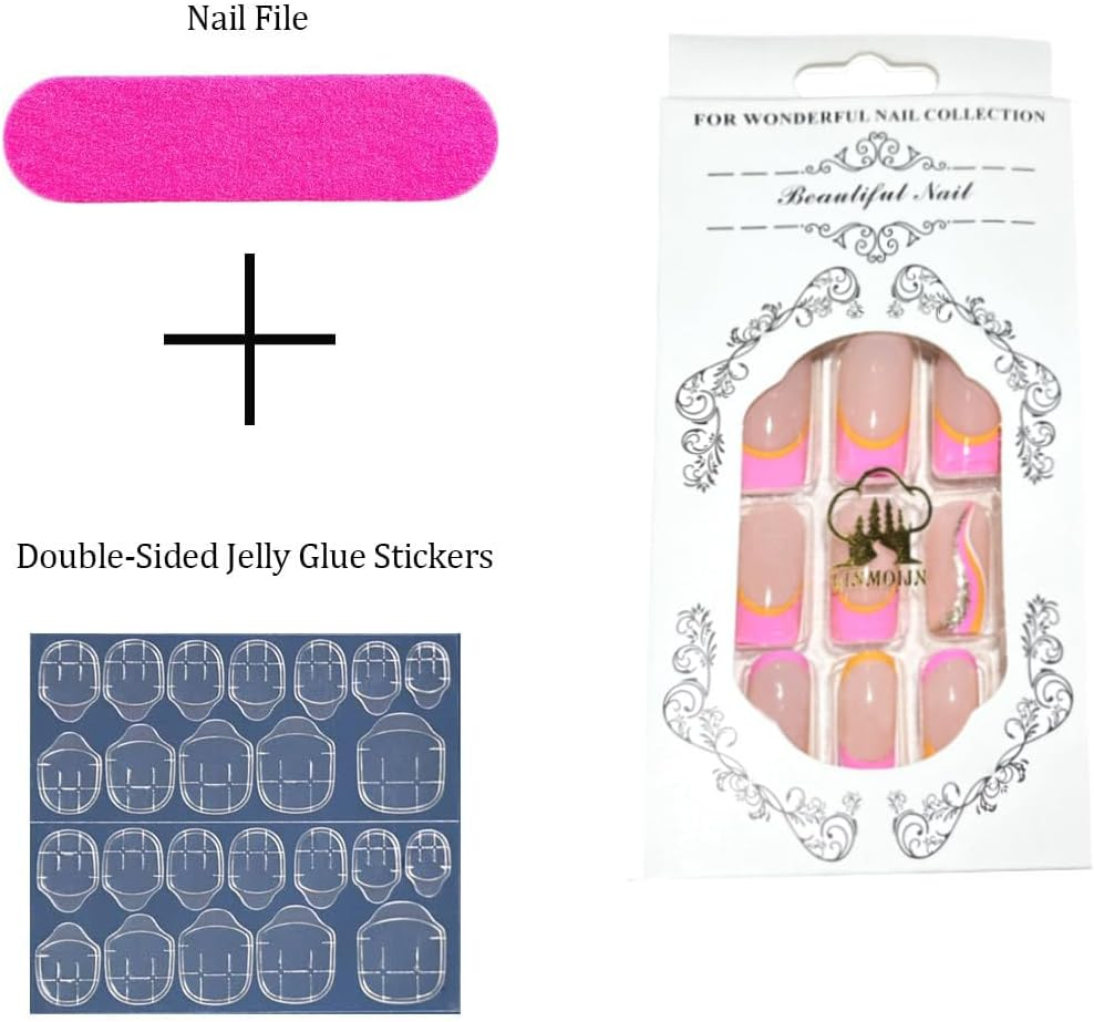 24 Pcs Swirl Square False Nails Short, Rainbow French Press on Nails with Wavy Pattern, Ballerina Acrylic Fake Nails Full Cover Stick on Nails 24Pcs for Women and Girls image number 1