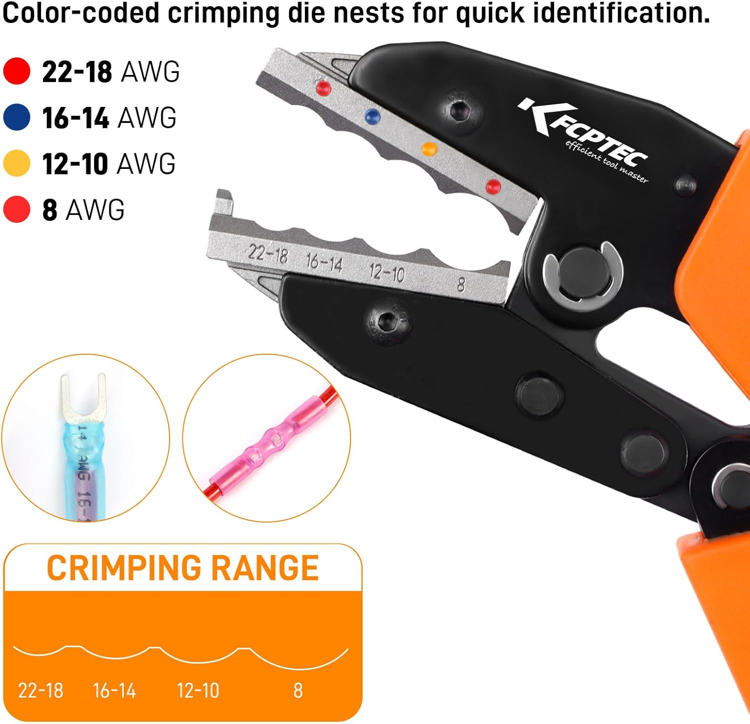 KF CPTEC Crimping Tool for Heat Shrink Connectors - Ratcheting Wire Crimping Tool (AWG 22-8 / 0.5-8.0Mm&sup2;) - Perfect Tool for Electrical Repair, Automotive Wiring and DIY Projects image number 3