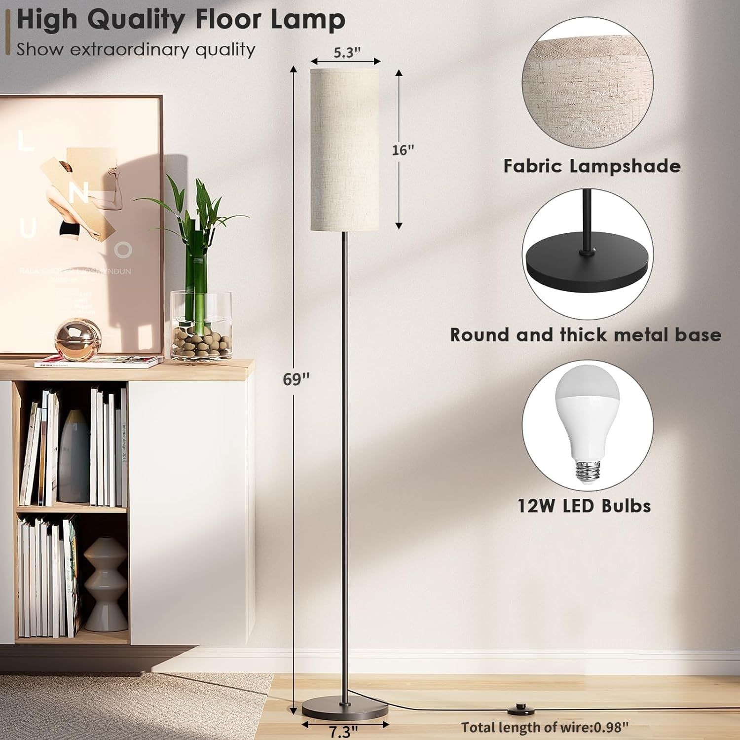 WAMBORY Floor Lamp for Living Room, Dimmable Standing Lamps with 12W 3 Color Temperatures Bulb, Minimalist Pole Lamp with Foot Switch, Elegant Tall Floor Lamps for Bedroom, Office, Kid Room image number 4