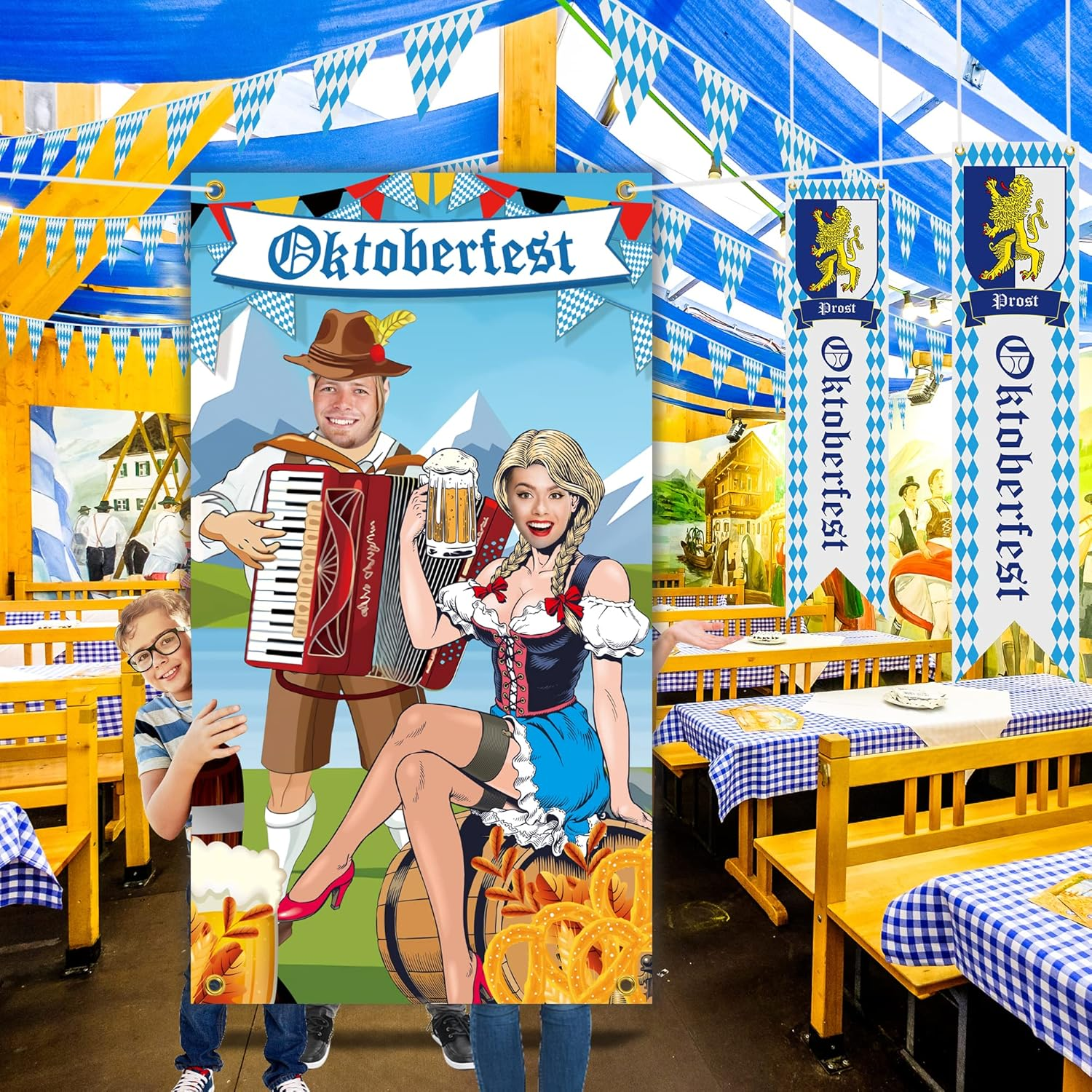 Oktoberfest Decorations, 5Pcs Octoberfest Party Decor Kit Bavarian Tablecloths Oktoberfest Flags Sign Banner Photo Backdrop, Octoberfest Home Yard Favor Decor Set for German Themed Beer Festival Party image number 4