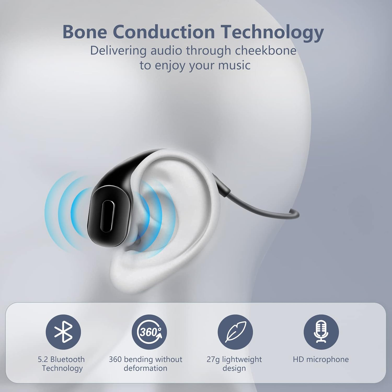 Bone Sound Headphones, Open Ear Bluetooth 5.2 Wireless Headphones, IP67 Waterproof Sports Headphones, Open Ear Headphones with Microphone, Bone Sound Headphones for Running, Cycling, Hiking