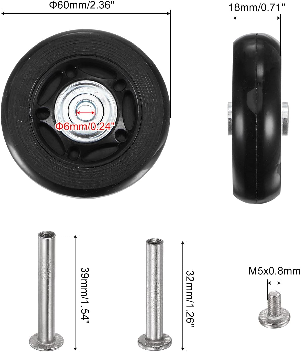 Sourcing Map Replacement Luggage Wheels 60X18Mm Suitcase Wheel Repair Kits Include 2 PU Bearing Wheels & Washers, Wrenches & Axle Screw for Trolley Bag, Inline Skate and Caster Board