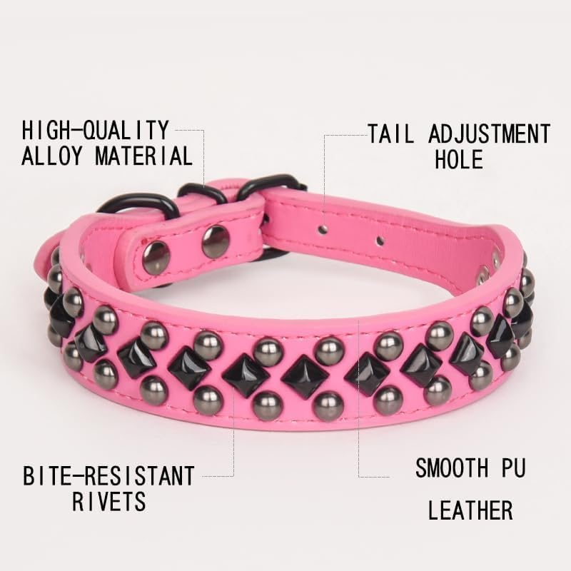Serijoars Spiked Studded PU Leather Dog Collar for Small, Medium, Large Breeds, Pit Bull, Bully, Husky, Terrier, Adjustable (Hot Pink, L (41-47CM)) image number 3