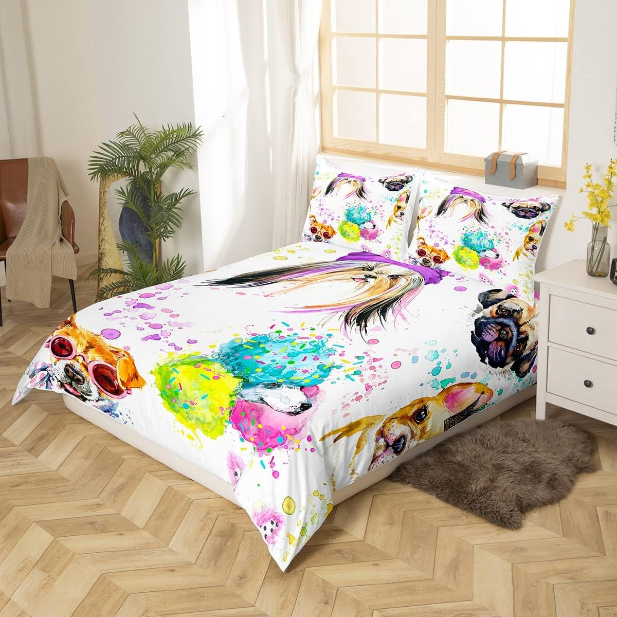 Puppy Duvet Cover Kawaii Bed Linen Set Shar Pei Gifts for Dog Lovers Silk Terrier Poodle Comforter Cover Sharpei Doll Dog Bed 220 X 240, Watercolour Bulldog Pet Cute Room Decor image number 4