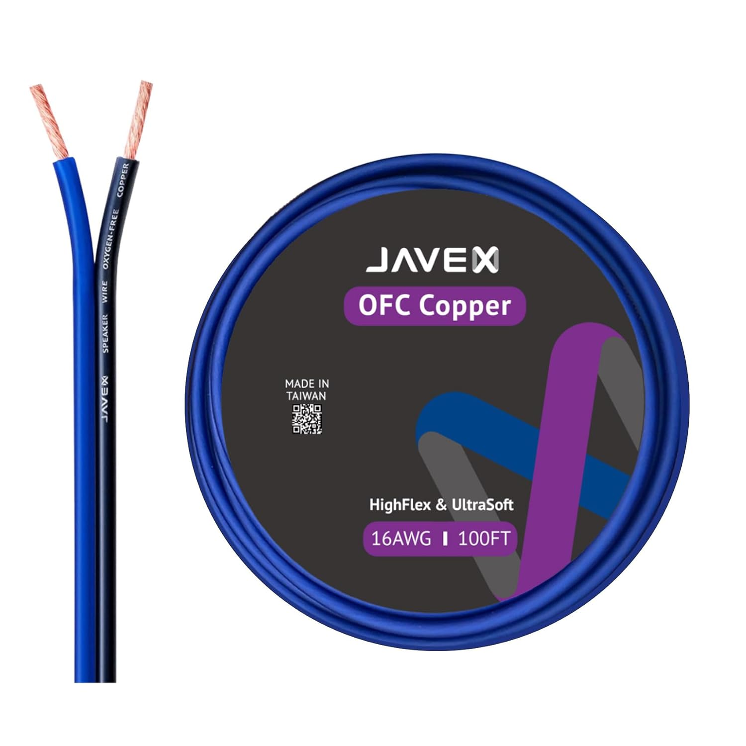 JAVEX 12-Gauge AWG Audio Speaker Wire (250 FT), [OFC Oxygen-Free Copper] Thin Flat Cable for Automotive Car Stereo Audio, HI-FI Stereo, Home Theater, Blue/Black image number 1