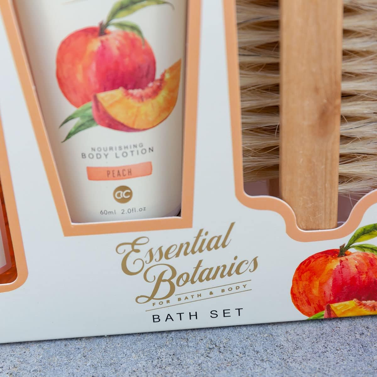 Accentra Essential Botanics Bath Set - Fruits in Gift Box - Shower Gel - Bubble Bath - Body Lotion - Nail Brush - Peach Scent