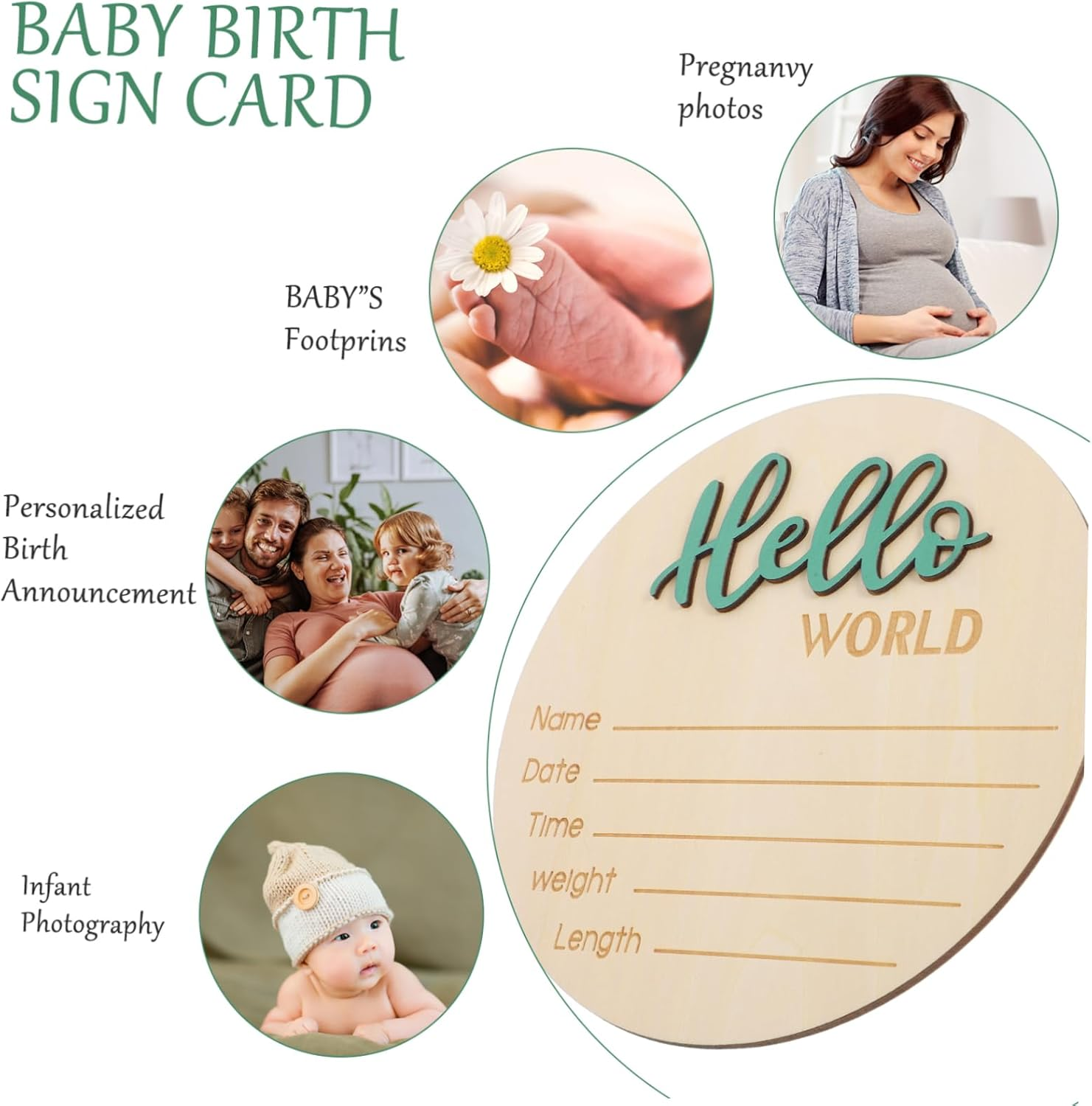 Wooden Birth Announcement Sign round Plaque Newborn Name Display Prop for Photography Smooth Surface Info Keepsake Decoration image number 1