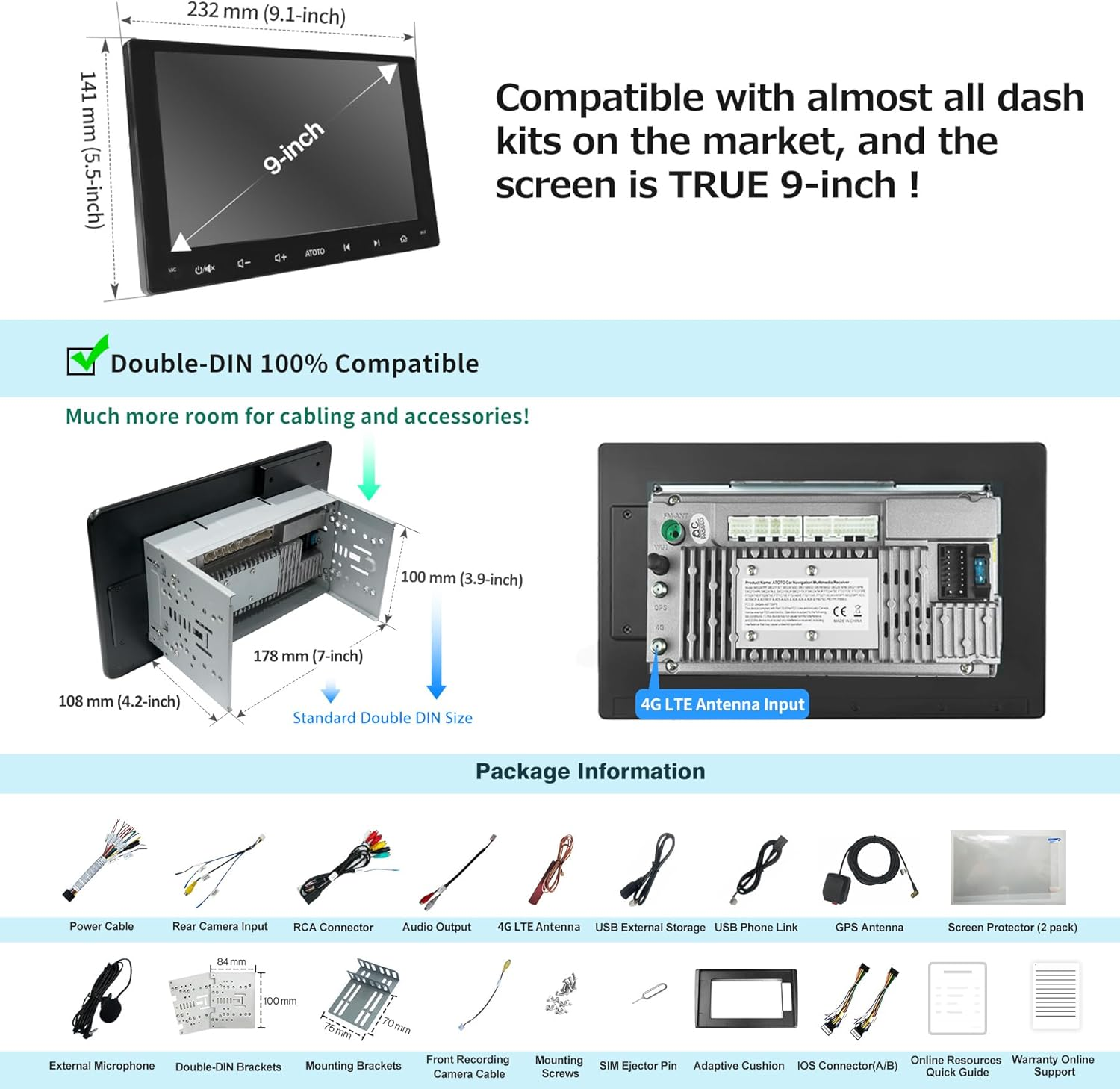 ATOTO S8 UN 9" QLED Android Double Din Car Stereo, 6+128GB, Built-In 4G/Wifi, Dual Bluetooth W/Aptx HD, Wireless Carplay & Android Auto, DSP&4 * 49W Amp, SCVC&LRV, GPS Tracking, S8G2099UN image number 6