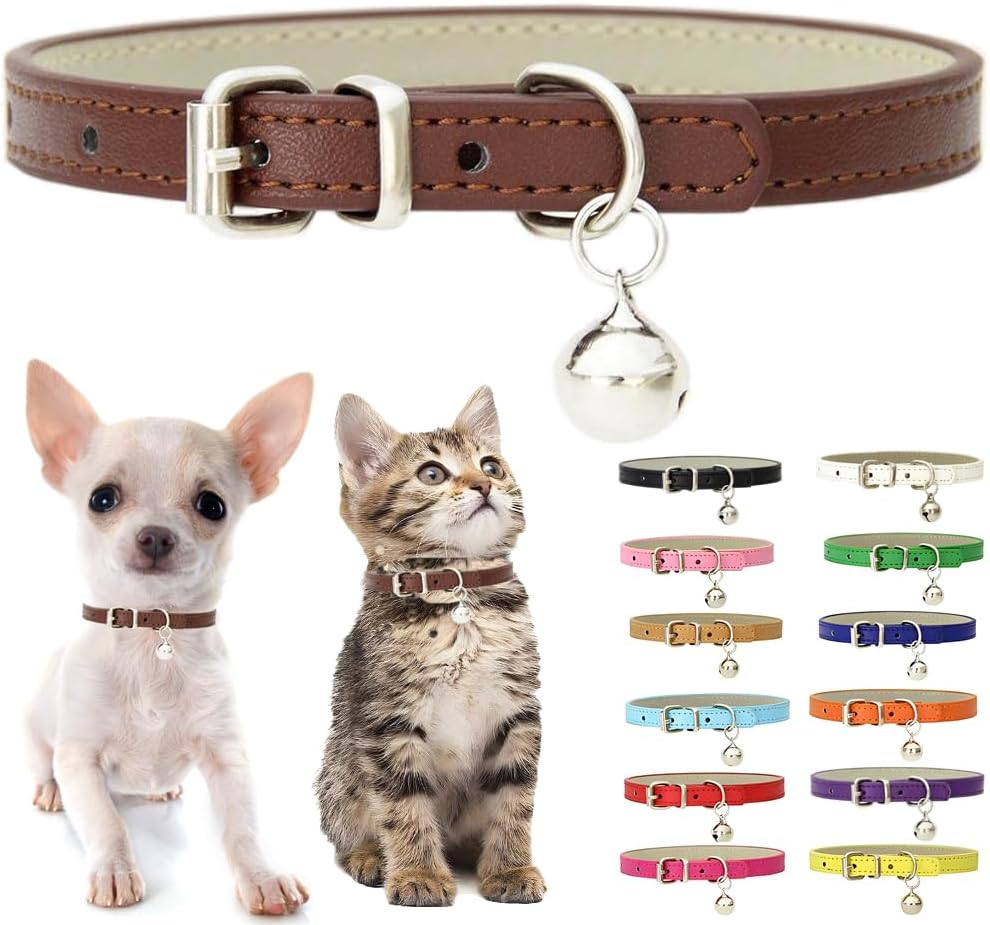 XXS Dog Collar with Bell, Soft Pu Leather Cat Collars Adjustable Buckle for XS Extra Small Medium Tiny Female Male Boys Girls Pets Puppy Kitten Teacup Yorkie Green Xx-Small