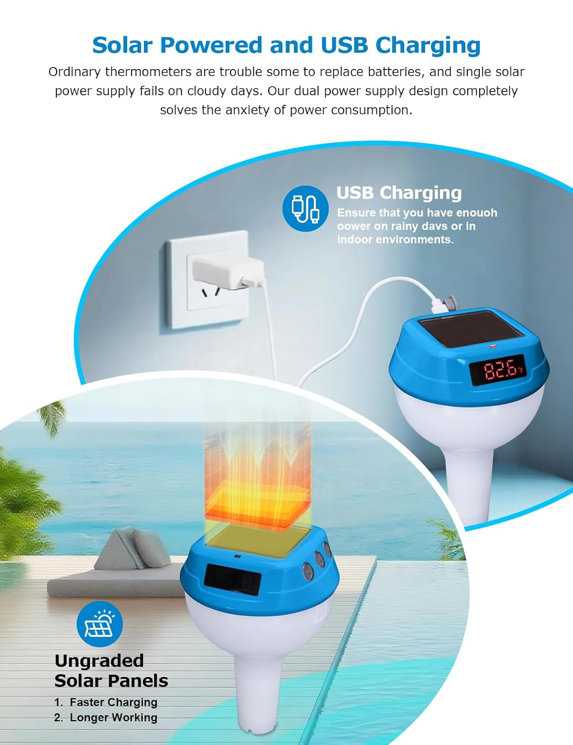 Solar Pool Thermometer Indoor Outdoor Temperature Humidity Monitor, Pool Light, Temperature Humidity Alarms, for Swimming Pools, Hot Springs, Hot Tubs, Baby Baths, Small Ponds image number 3