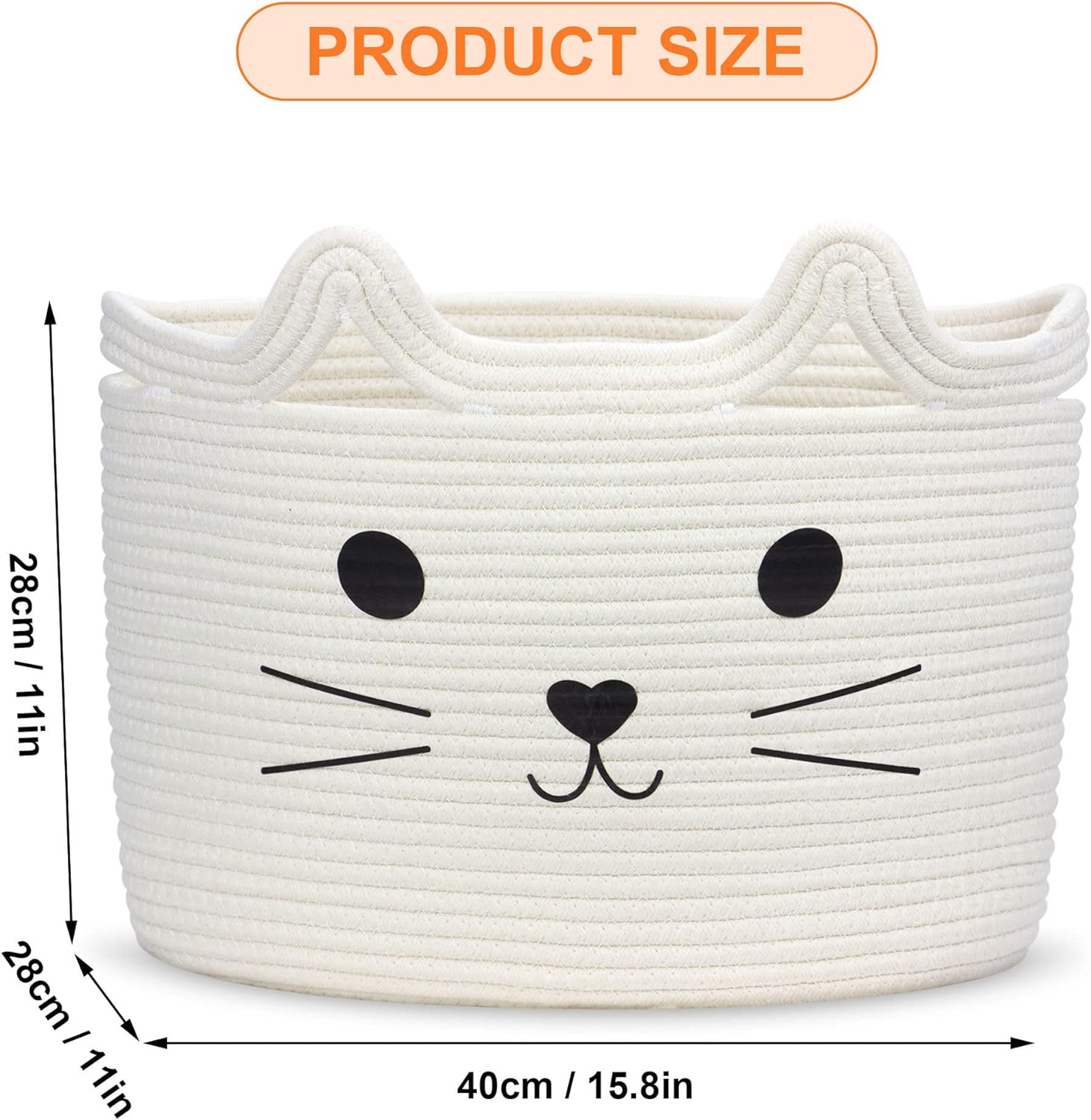 Toy Storage Basket, Kids Laundry Basket Foldable, Baby Hamper Woven Rope Basket for Nursery Cat Decor Bedroom, Toy Storage Box for Boys Girls Dog Cat(Cat,L)