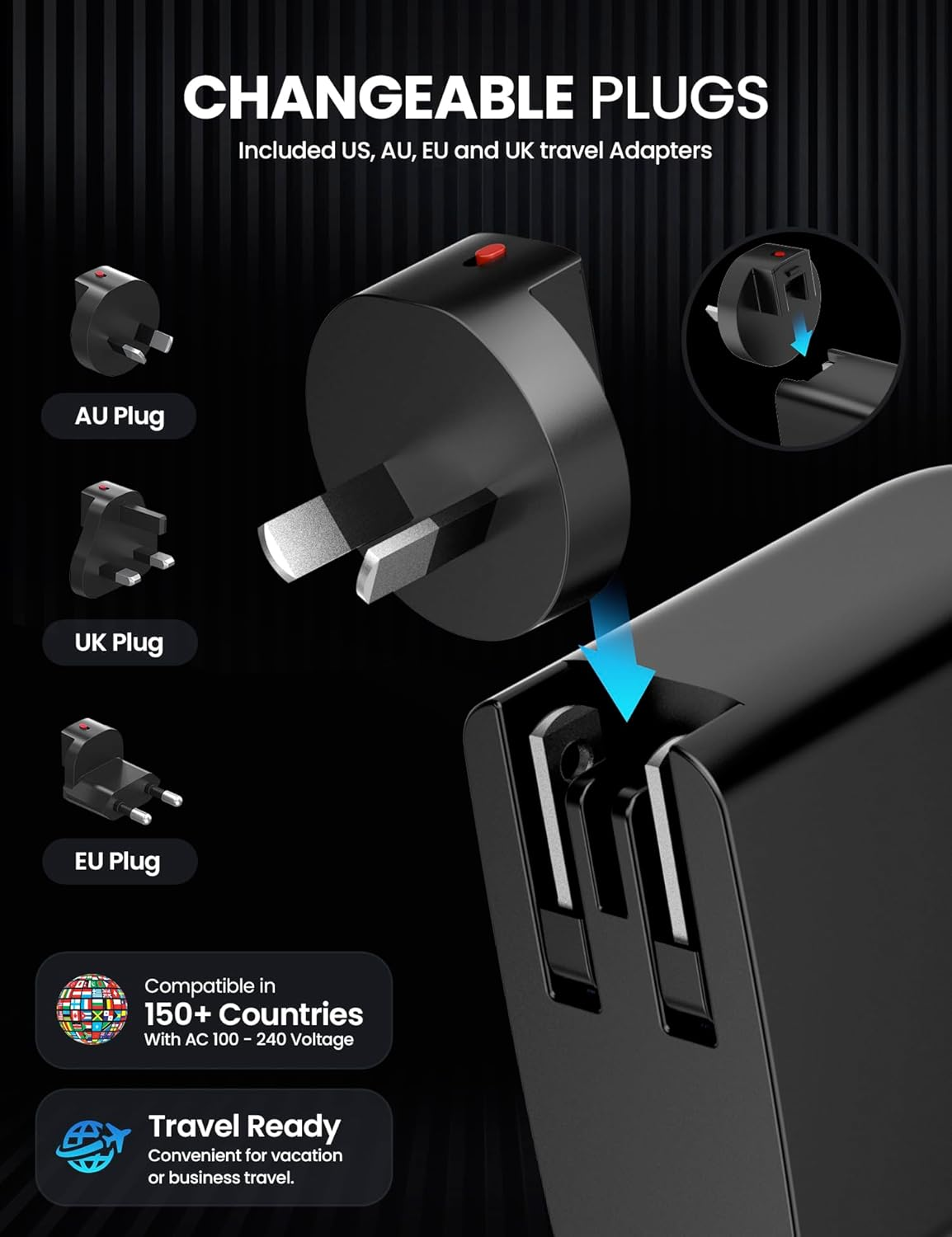 Zyron 100W USB C Charger, 4 Ports Multi USB-C Wall Plug with Power Cord, 100W/65W Gan 3 Fast Charger, PD 3.0 Travel Charger for Iphone 15, Macbook, S23 + Travel Adapters, 2M Cable & Travel Case image number 4