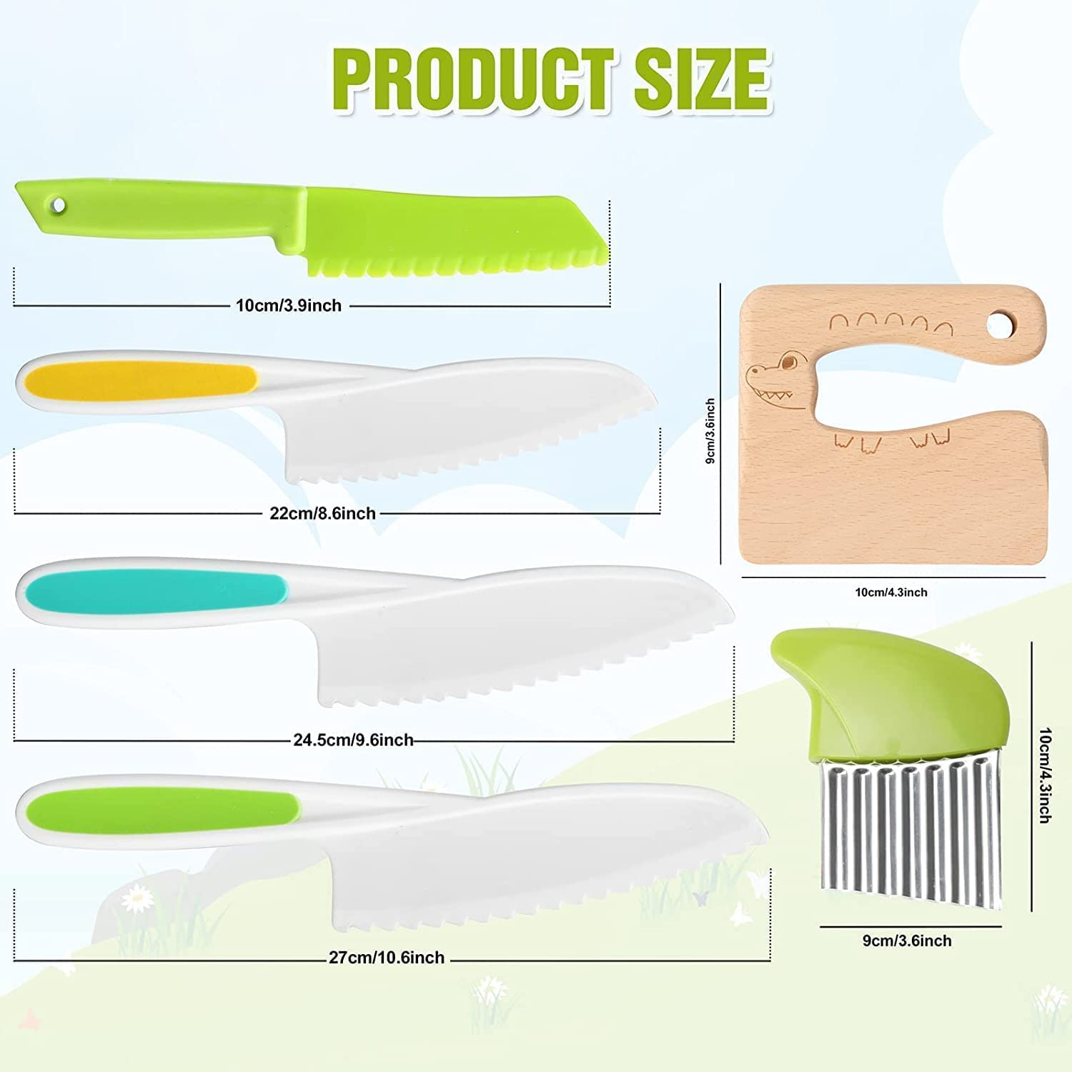 Wooden Kids Knife, Kids Safe Knives Set Include Wooden Toddler Knife for Cooking Plastic Potato Slicers Peeler Serrated Edges Veggies Knives for Kitchen Children Cooking (7PCS) image number 6