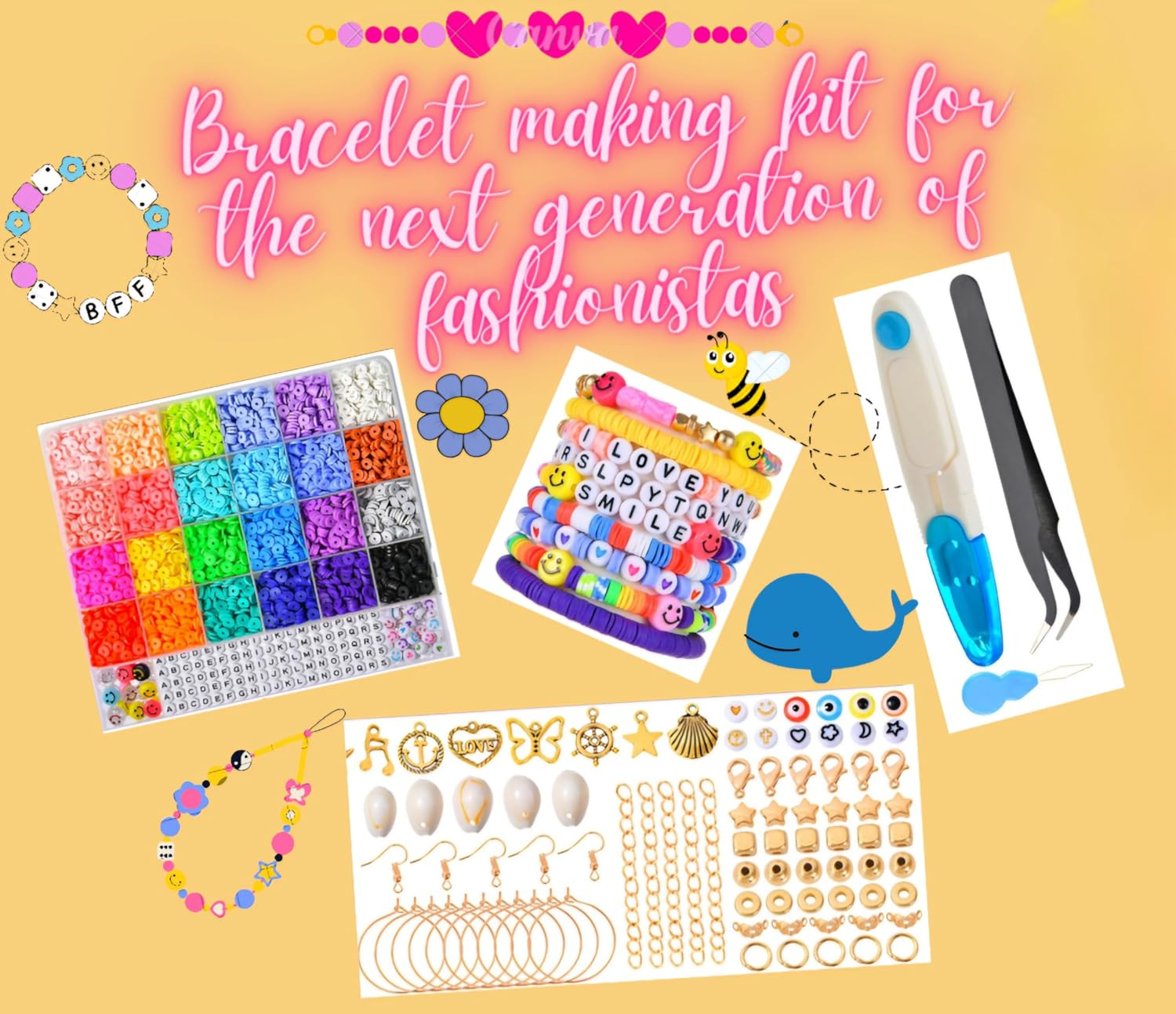 Crafty Carats Friendship Beads 7000+ Polymer Clay Beads Bracelet Making Kit, 24 Vibrant Colors, Flat Polymer Clay Beads, a to Z Letter Beads, Emoji and Smiley Beads Jewellery Making Supplies and Crafts Gift Set for All, Polymer Clay Beads Bracelet Making Kit, Black N White Color Palette Vintage Letter Beads, Charm Bracelet Making Kit, Mystical Charms, Elastic Chords and Clasps for Durable Fit, Hooks and Chain for Perfect Locking, Swifie Bracelets, with One Set of Forceps and Scissor #Onlyonamazon (7000, Plain) (Plain) image number 3