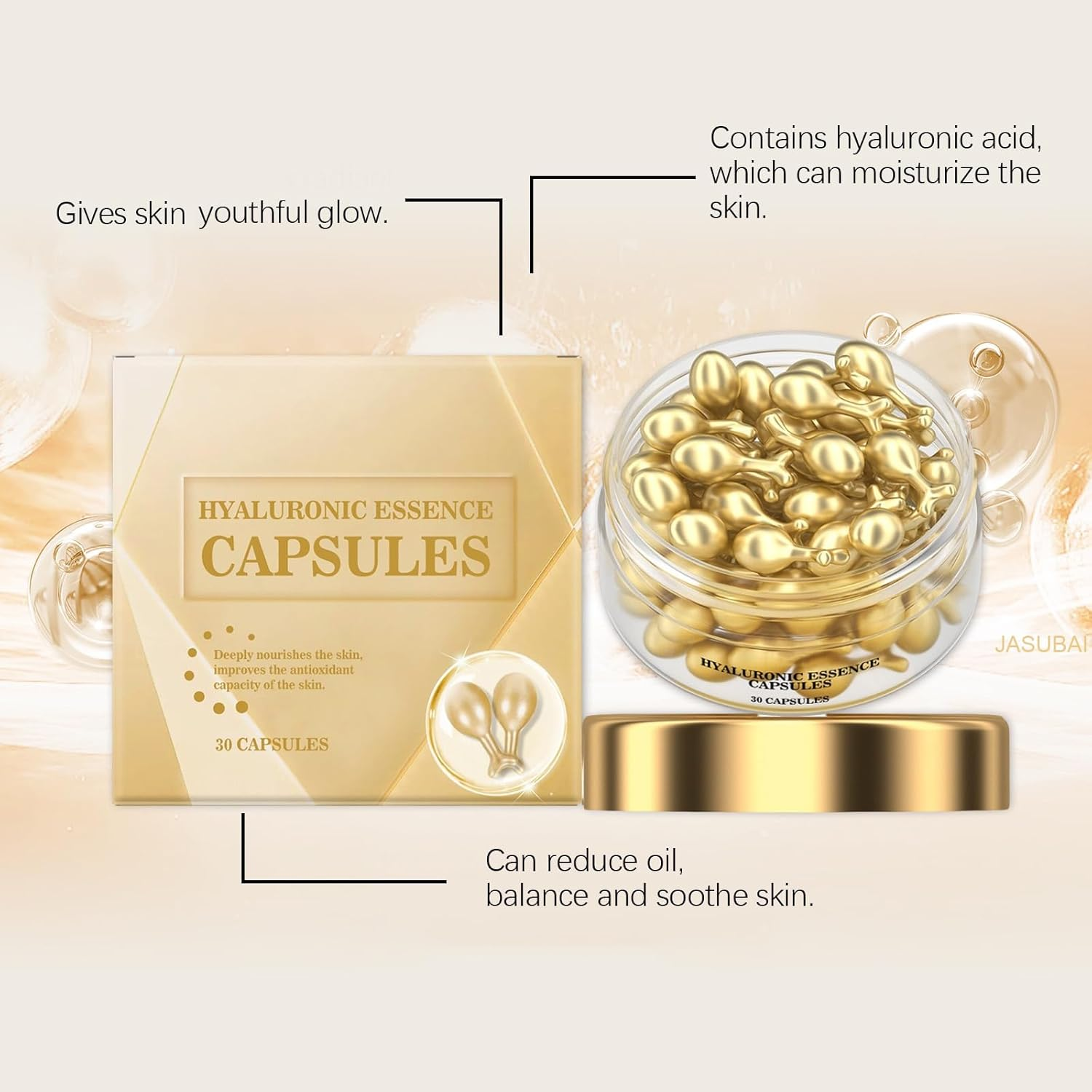 Hyaluronic Acid Anti-Aging Capsule Serum, Vitamin E Capsules for Face, Intense Hydration Skin Targets Fine Lines, Wrinkle Lifting & Firming Essence, Repair Dry Skin (30 Capsules) image number 1