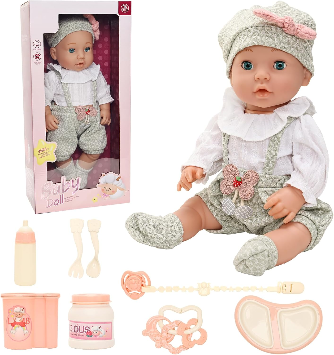 16 Inch Baby Doll with Outfit Feeding Set Realistic Lifelike Born Baby Doll Cute Baby Doll Soft Body Silicone Rebirth Baby Doll with Clothes Feeding Set Bottle Doll Pacifier Accessories for Toddlers image number 4