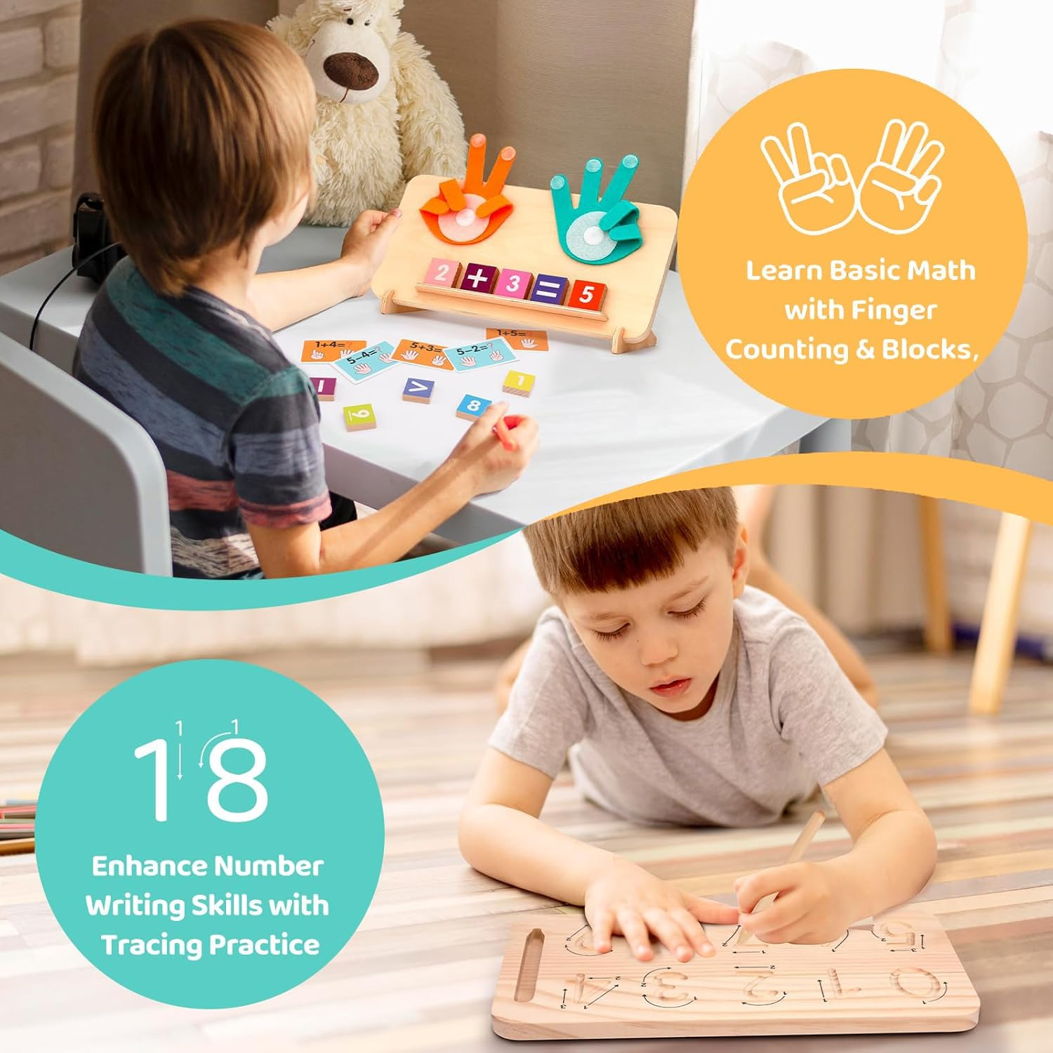 Wooden Learning Education Toys, TOTCOZY Double-Sided Finger Counting & Number Tracing Board, Preschool Educational Toys for 3 4 5 Year Old Boys Girls image number 3