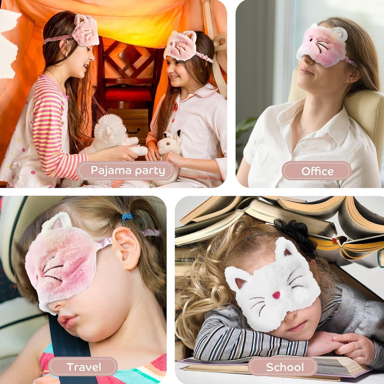 Kids Sleep Eye Mask - Plush Animal Sleeping Eye Cover, 3 Pcs Soft Funny Blindfold, White, Pink, Rainbow, Cat Style image number 1