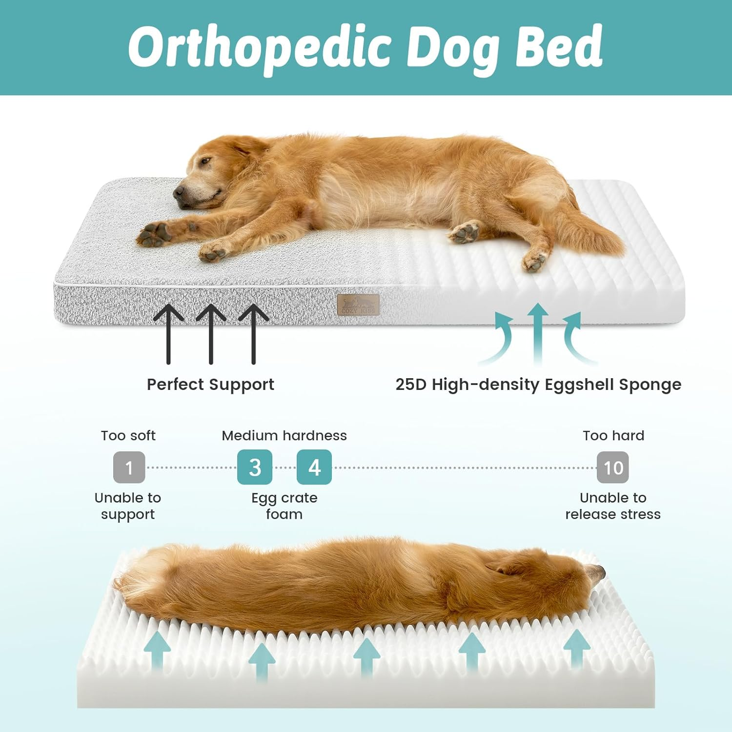 COZY KISS Orthopedic Dog Bed for Large Dog, Xlarge Removable Washable Cover with Waterproof Lining & Anti-Skid Bottom, Rectangular Foam Pet Bed, XL Size, 44X32X3 Inch, Grey image number 2