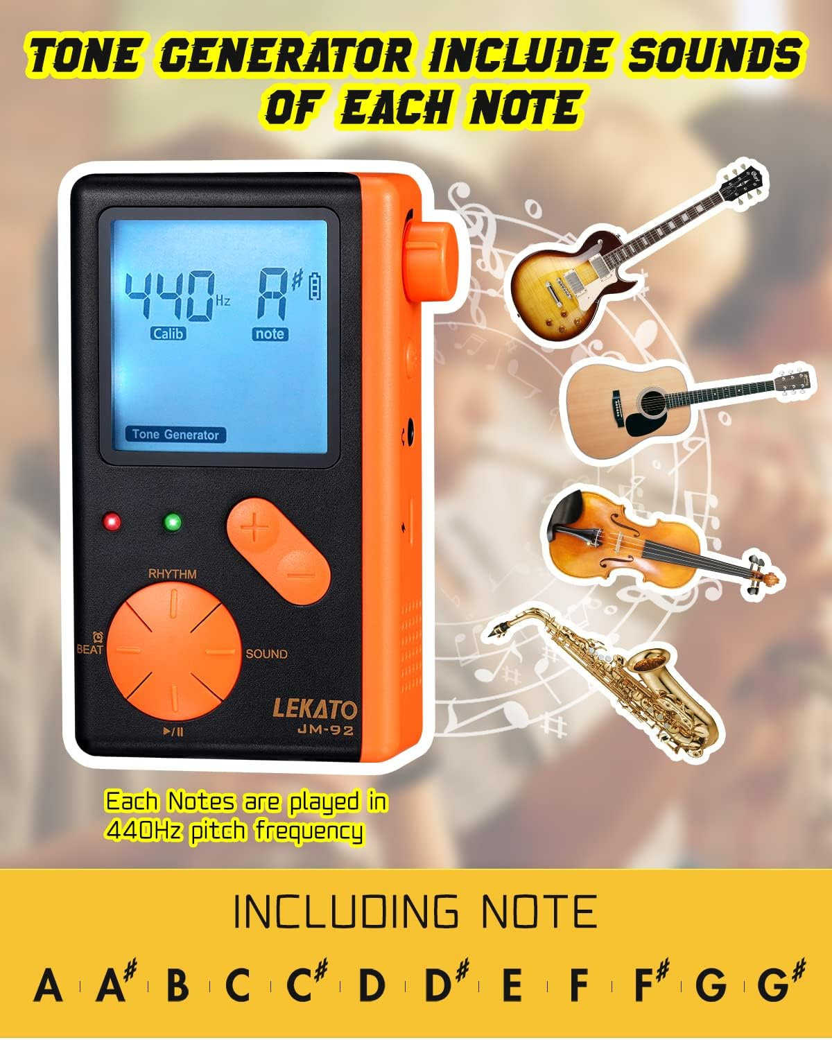 Electronic Digital Metronome for Piano Guitar Drum Ukulele Practice, Metronome with Timer, 8 Beat Tones, Tone Generator for All Instruments, Black Orange, by LEKATO image number 6
