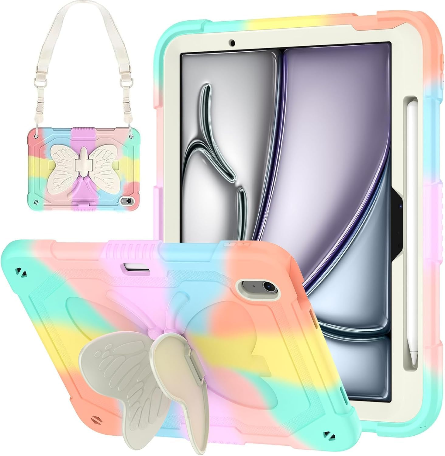 AVAKOT Ipad Air 11 Inch Case 2024 with Butterfly Wings Kickstand Pencil Holder, Ipad Air 6Th Generation 11 Inch Case Kids Girls Heavy Duty Hard Rugged Protective Cover for Ipad A2899/A2900-Rainbow