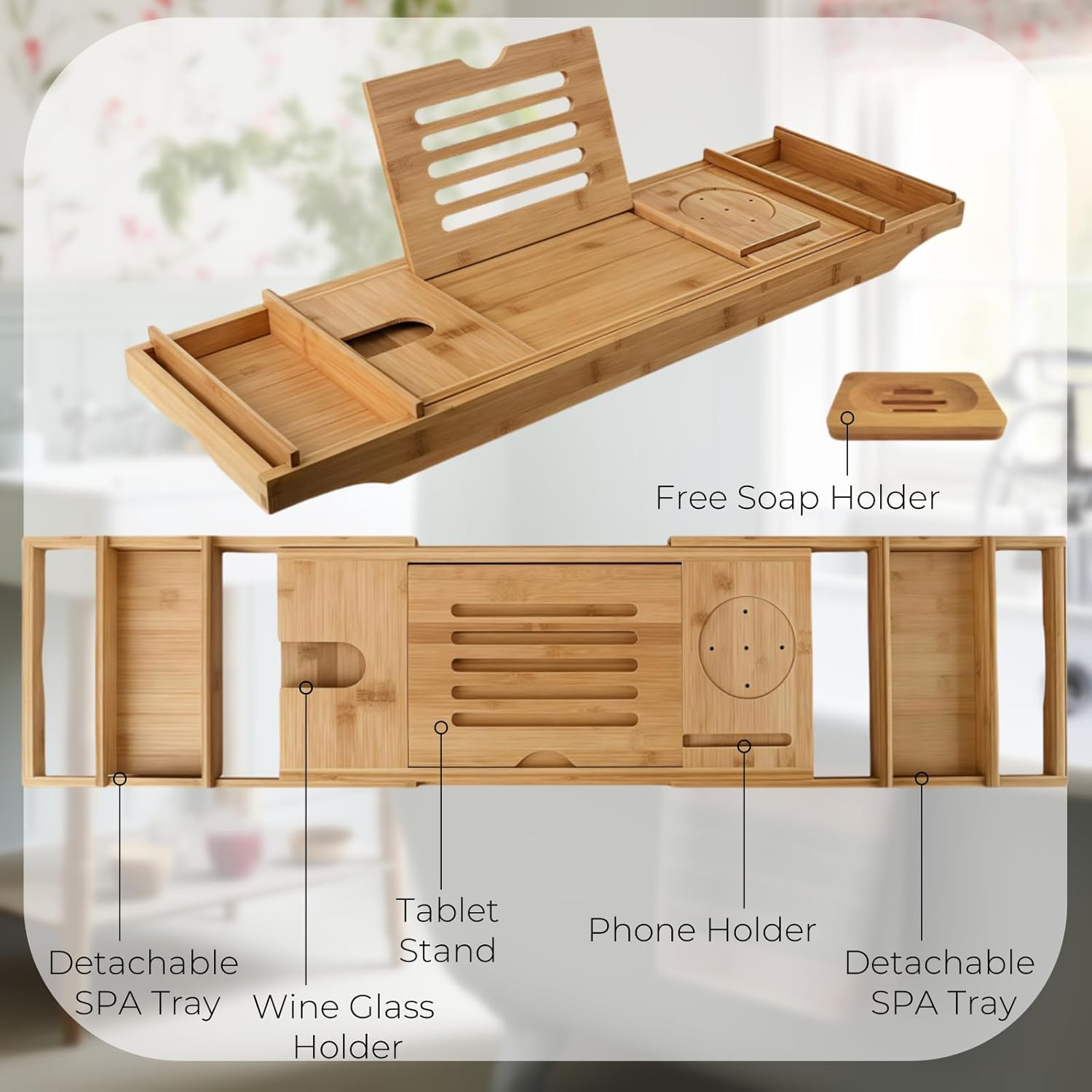 Oksoar Bathtub Tray, Premium Bamboo Luxurious Spa Set for Women: Unique Expandable Bath Sets, and Relaxing Bath Accessories - Perfect Housewarming and Couples Gifts image number 5