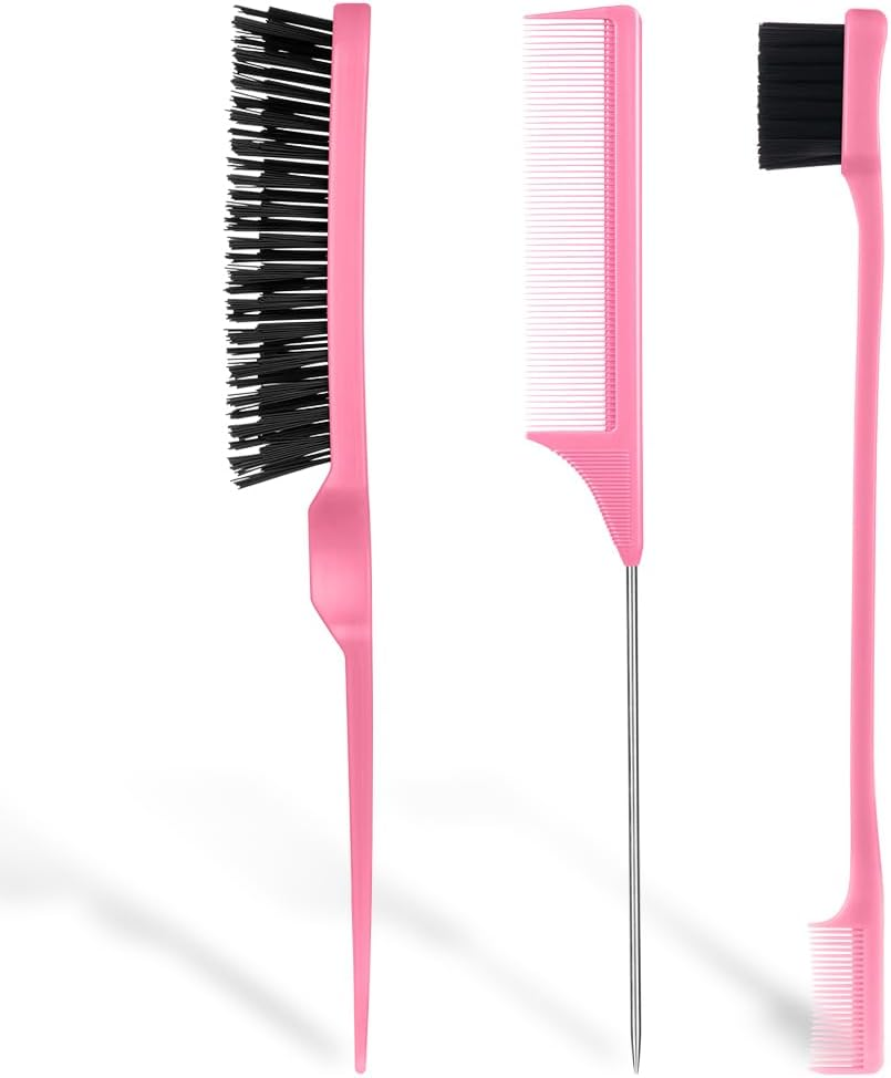 AOOWU 3 Pcs Slick Brush Set, Volume Creating Teasing Brush Set, Hair Styling Comb Set Include Bristle Hair Brush Double Sided Edge Brush Rat Tail Comb for Women Kids Edge Back Hair Smoothing (Black)