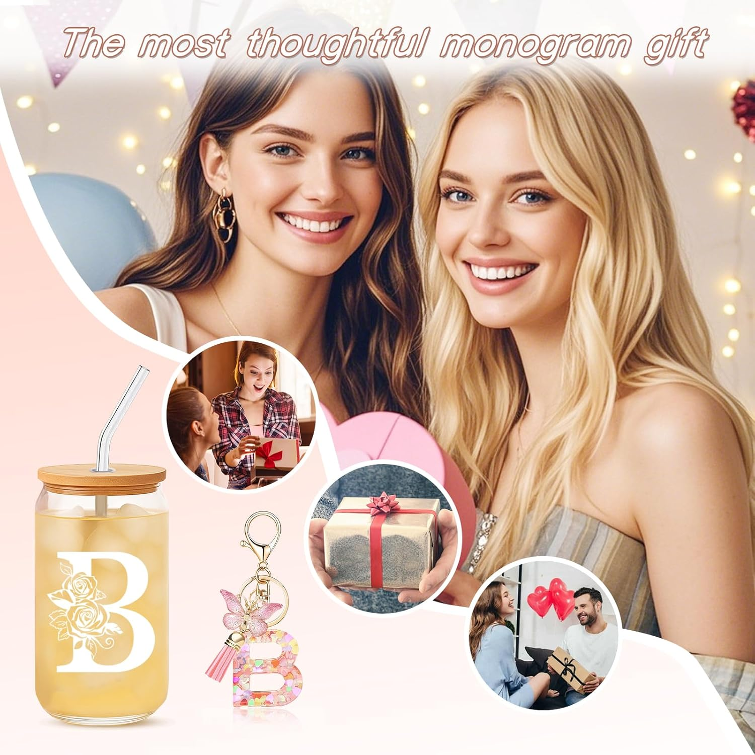 DAMCONME Bridal Shower Gifts,Personalized Bridesmaid Wedding Gift Set&ndash;Initial Glass Cups with Lids and Straws,Initial Letter Keychain&ndash;Unique Bachelorette Party Supplies Gifts for Sister Bestie&ndash;S image number 6