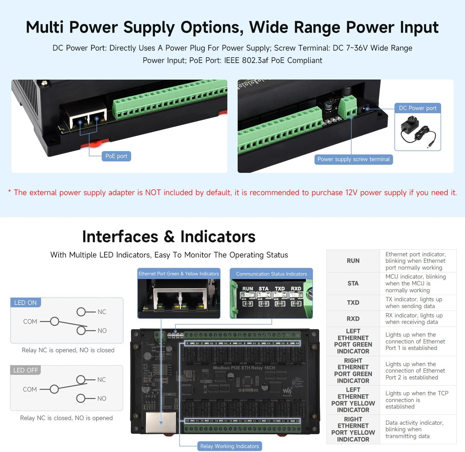 Waveshare 16-Ch Ethernet Module, Modbus RTU/TCP, Ethernet Communication, Support Poe, Various Isolation & Protection Circuits, Industrial Rail-Mount image number 6