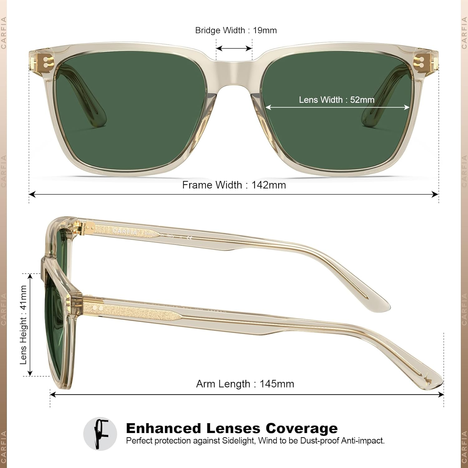 CARFIA Square Polarized Sunglasses for Men UV400 Protection Classic Retro Acetate Shades Driving Glasses - A4. Brown Lens image number 4