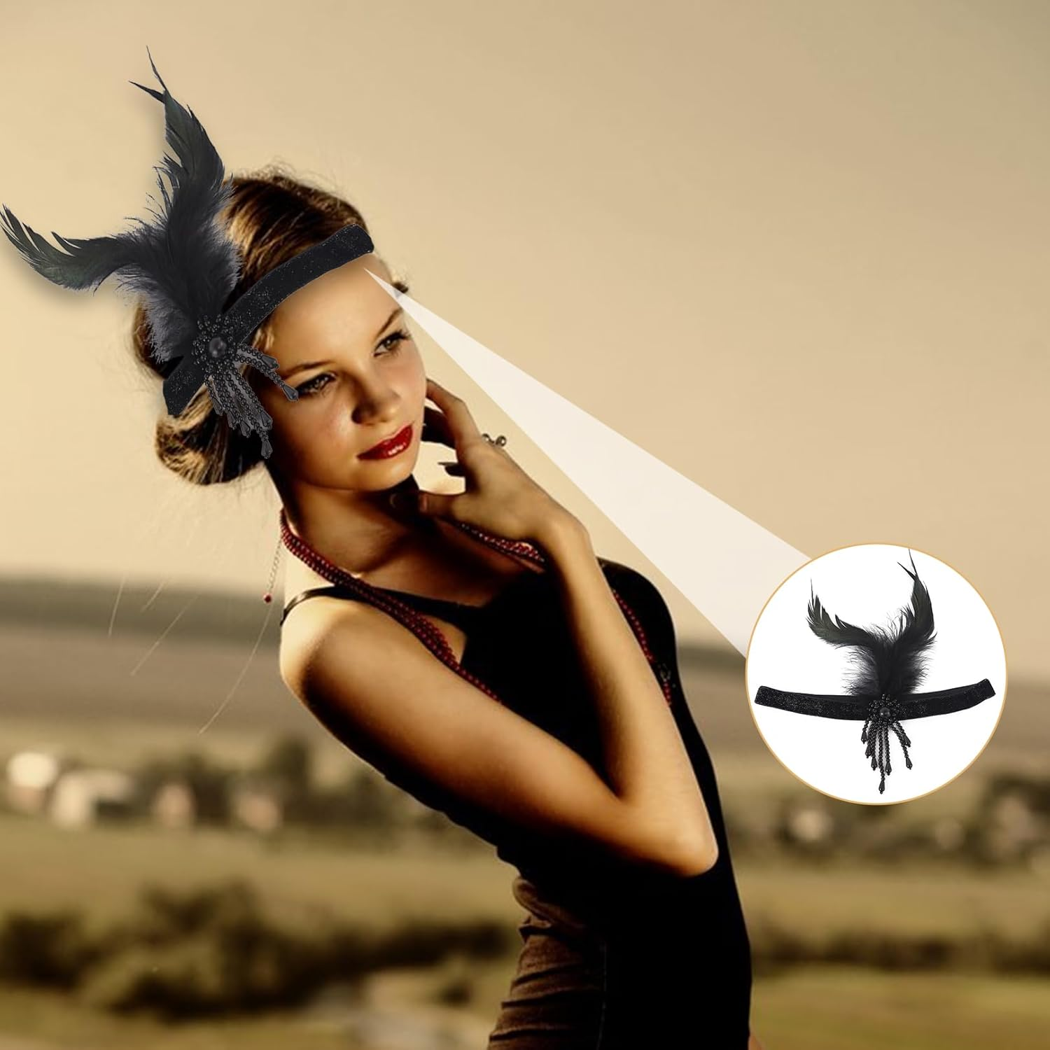 Women'S 1920S Headband for Gatsby Costume 20S Accessories, Vintage Jewellery Tassel Feather Headband with Rhinestone Hair Accessories, Perfect for Parties, Party Decoration, Weddings and Carnival image number 1