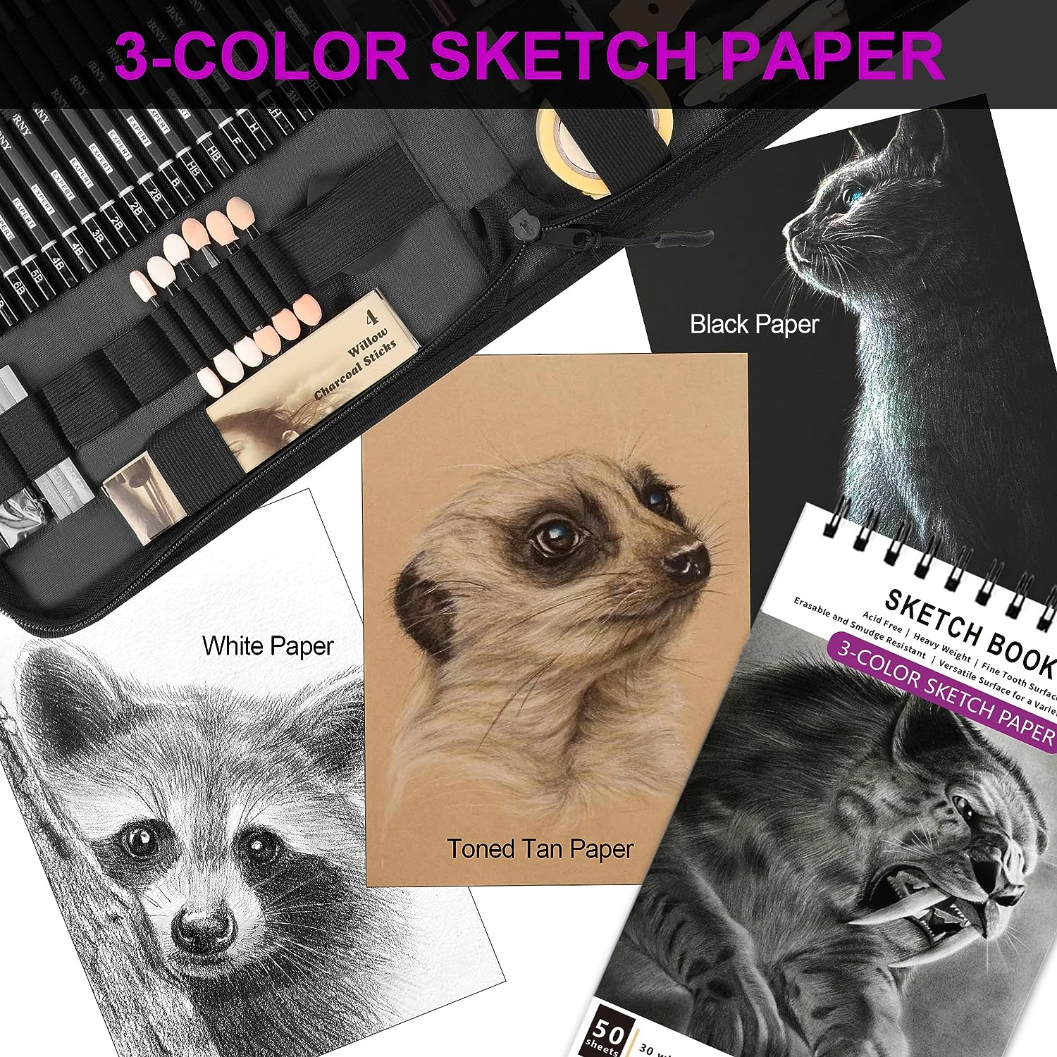 HIFORNY 70 Pcs Drawing Set Sketching Kit - Sketch Pencils Art Supplies for Adults Artists Kids with 3-Color Sketchbook,Graphite,Pastel,Charcoal Pencils,Blending Tools image number 3